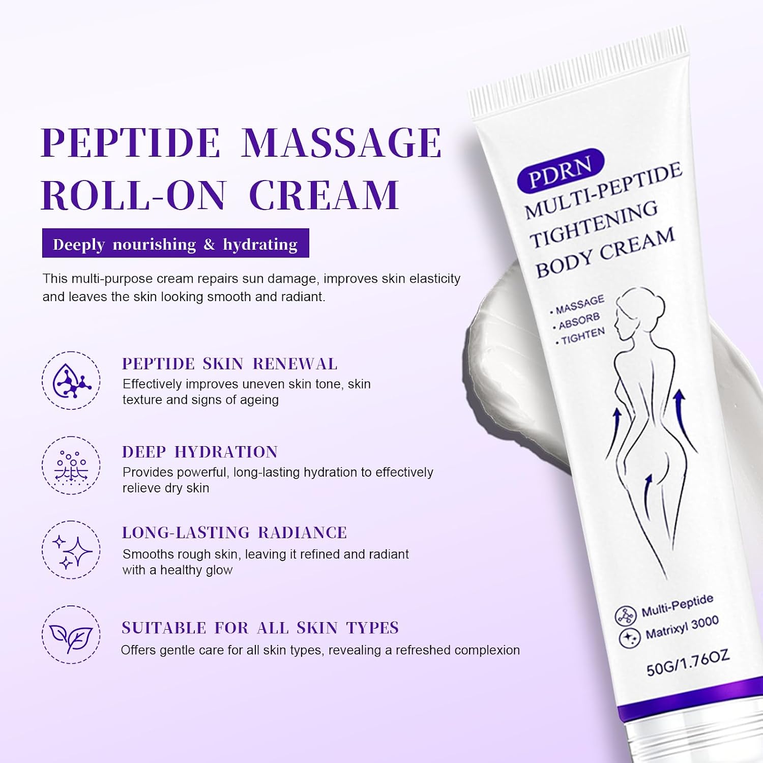 Multi-Peptide Massaging Body Roller Cream, Hydrating Skin Care Cream with Massaging Roller Applicator, Suitable for Most Skin Types, 2PCS