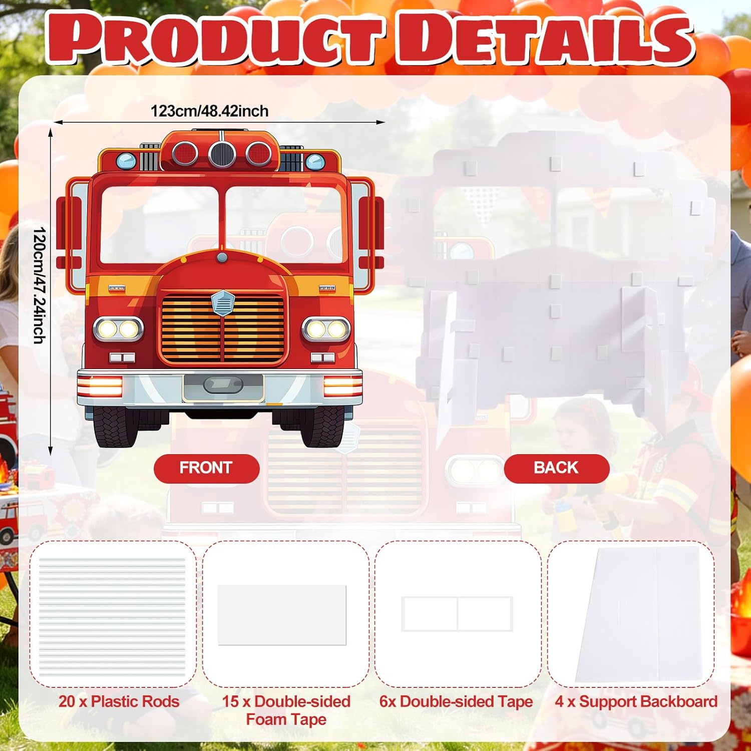 4ft Life Size Fire Truck Cardboard Cutout Standee, Large Firefighter Party Decoration Photo Booth Props Standup Backdrop for Firetruck Baby Shower Birthday Classroom School Events