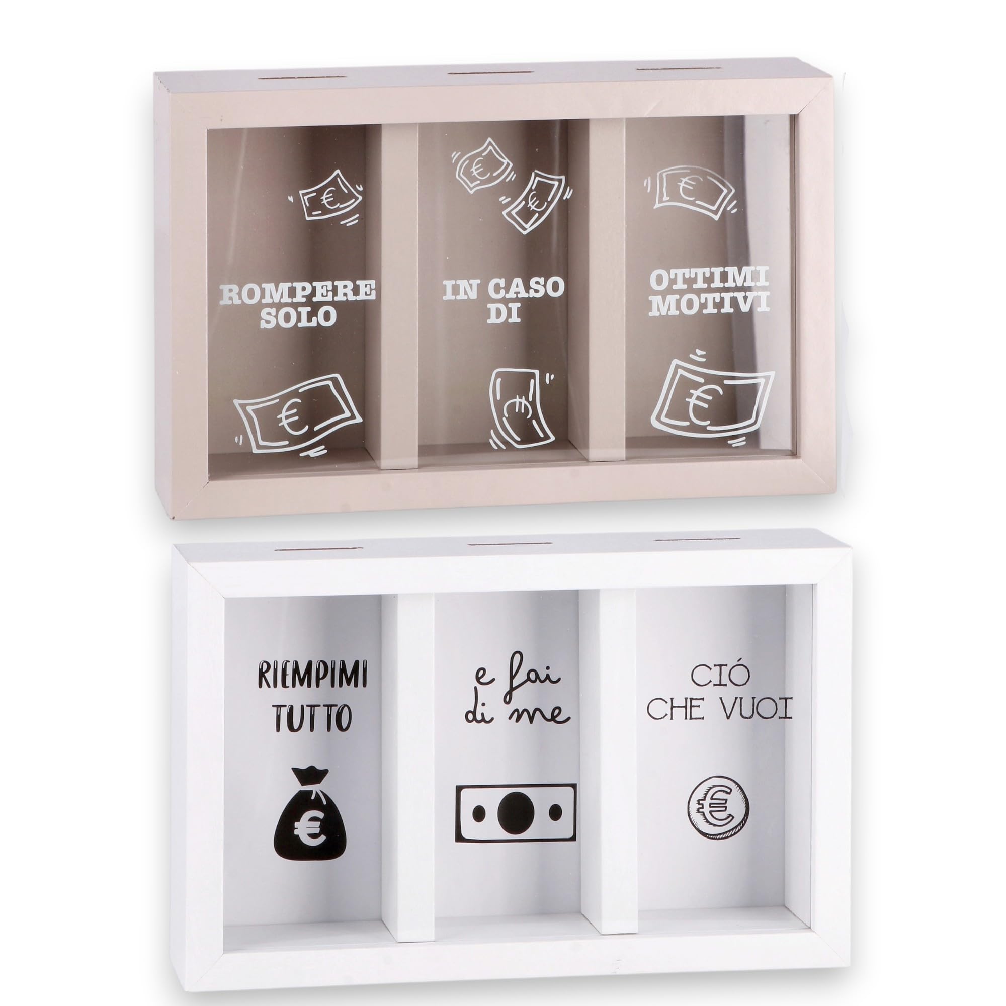 KORAT - Salvadanaio in MDF a 3 Scomparti con Frontale Trasparente – Scatola Risparmio Divertente per Monete e Banconote, Idea Regalo Originale, Organizer Scrivania 23x14,5x h. 5,5 cm