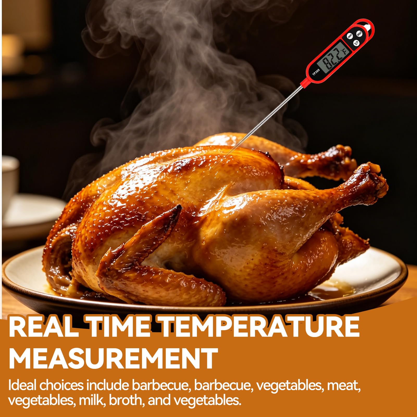 Digitales Küchenthermometer mit langer Sonde, sofortiges Lebensmittelthermometer mit LCD-Display, Messbereich -50 °C bis 300 °C, schnelle Ablesung 3 – 5 s, Hold-Funktion °C/°F, für Fleisch, BBQ