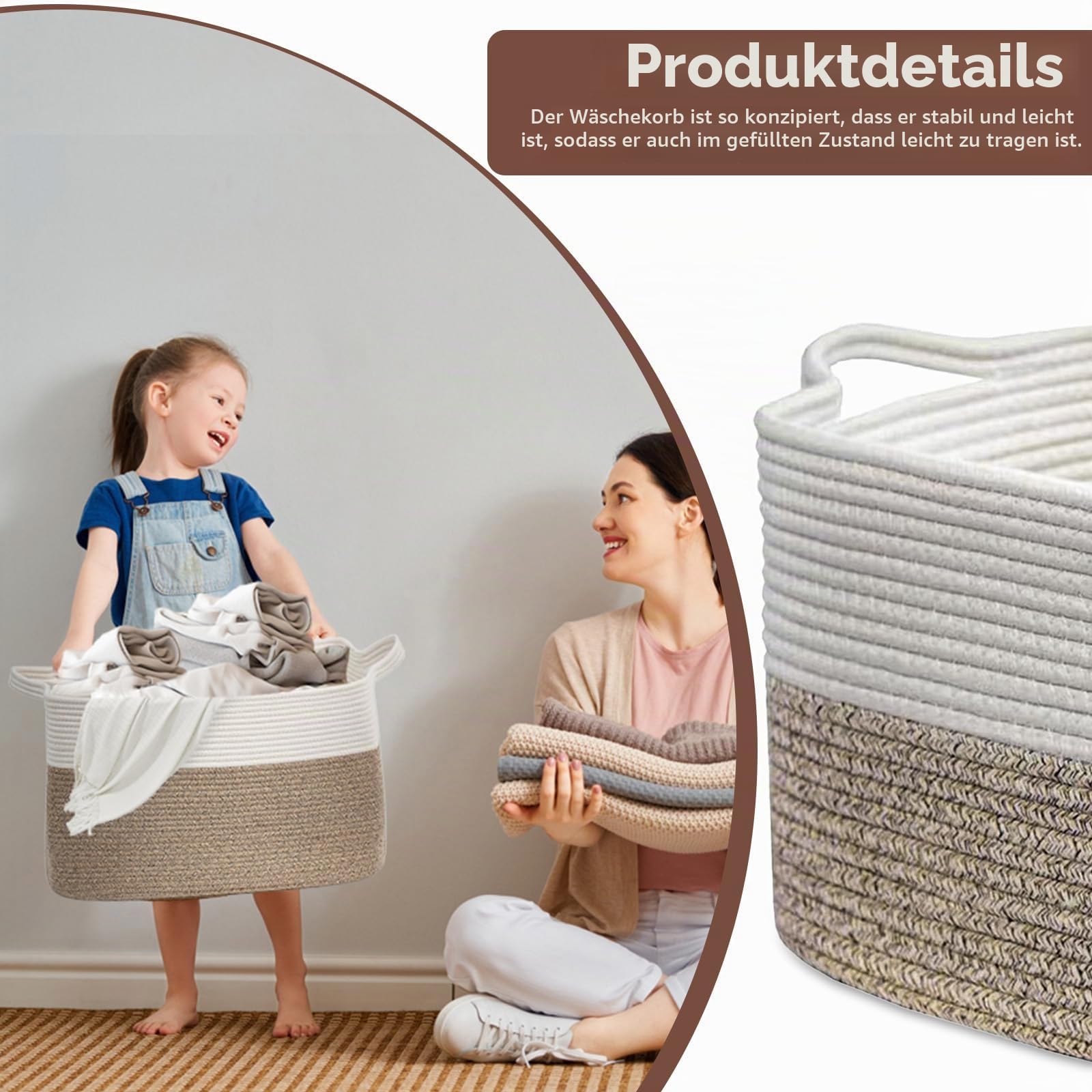 Korb Aufbewahrung Groß mit Griff für Babykleidung Spielzeug Decke Bettwäsche Handtuch,55 * 38 * 30cm,Geeignet für Wohnzimmer Schlafzimmer Badezimmer(Braun-Weiß)