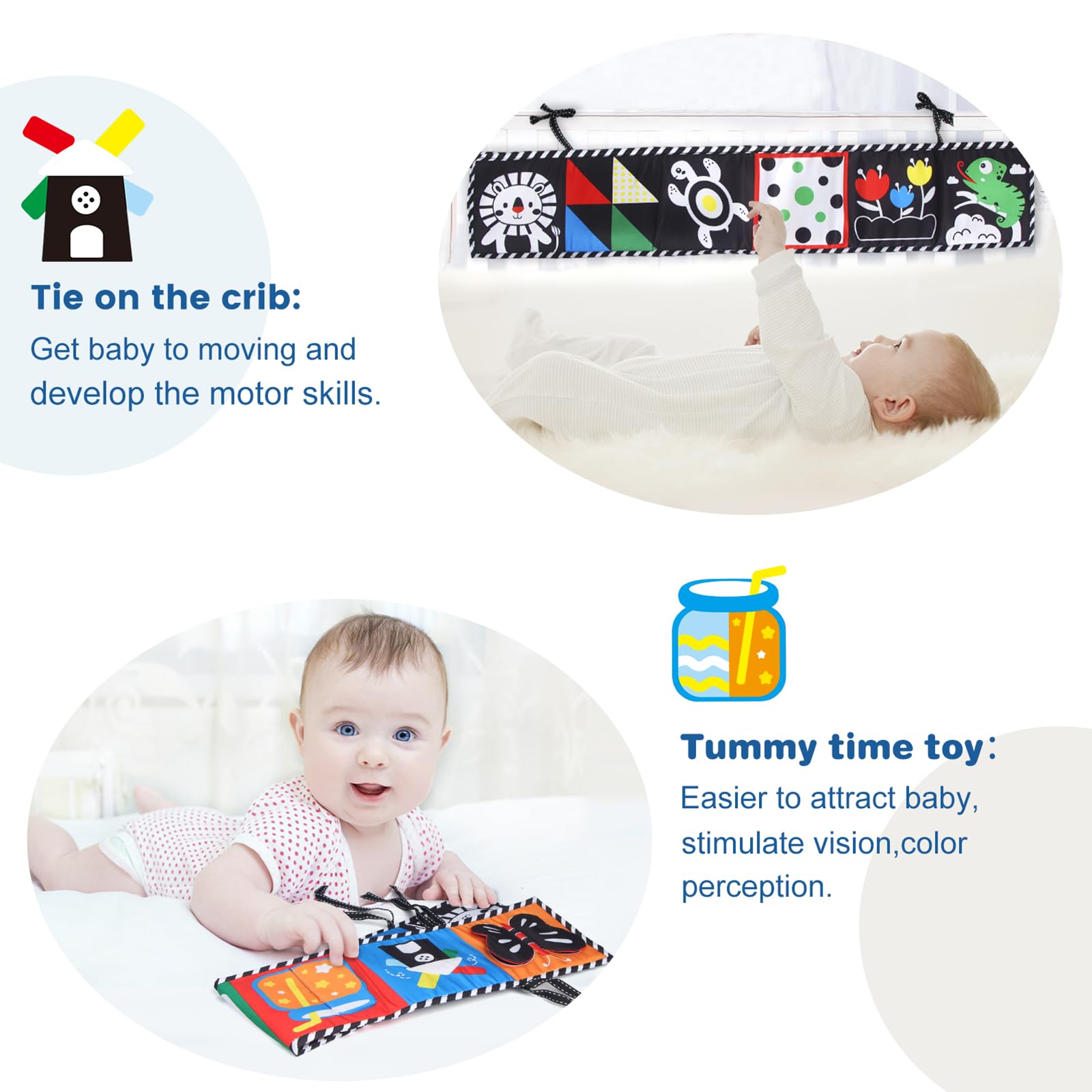 Yolistar Livre Tissu Bébé 0-3-6 Mois,Livre de Haute Contraste en Tissu Sensoriel Bébé Naissance,Livre Tissu Bébé Livre Noir et Blanc Bébé Pliable Réutilisable, Cadeau pour Bébé