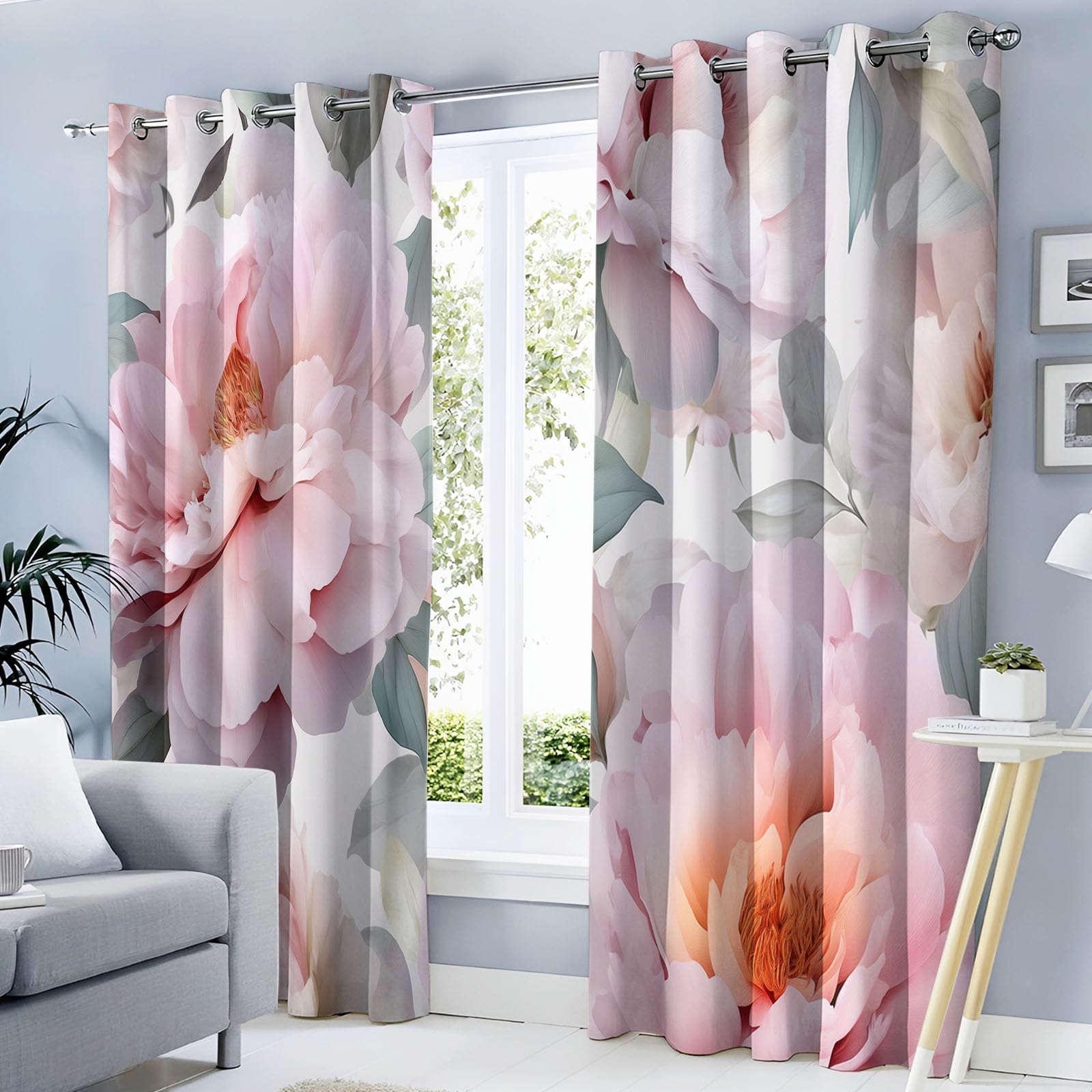 Rideau occultant rose pivoine 140x175 cm motif aquarelle thermique lot de 2