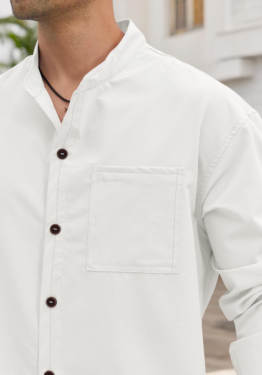 Mens Band Collar Shirts Vacation Casual Long Sleeve Button Down Tops with Pocket (S-2XL) - Image 8