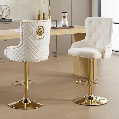 Miniatura 8 de Juego de 2 taburetes de bar dorados giratorios de terciopelo con anillo de tracción de león, taburetes tapizados de altura de mostrador con respaldo