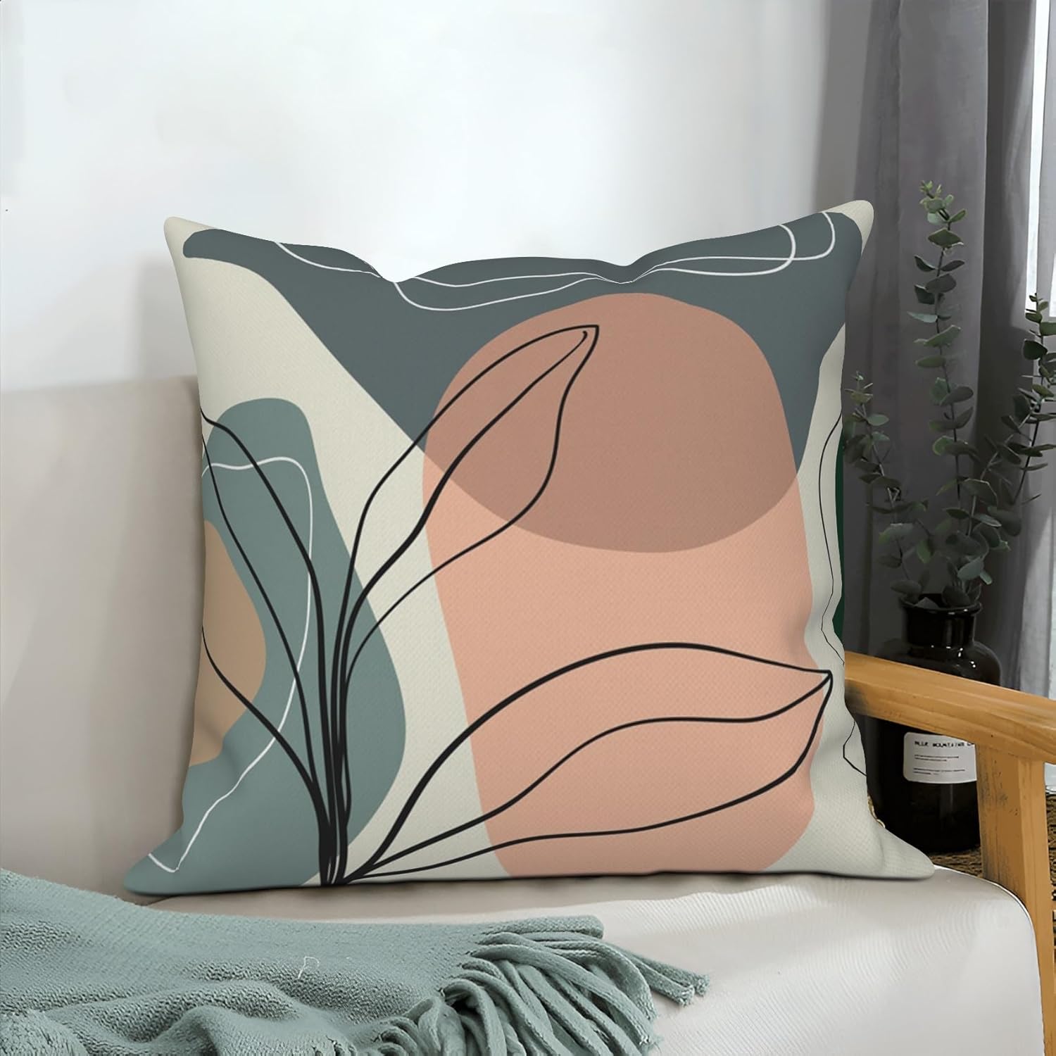 4 Pcs/Set Leaves Throw Pillow Covers Boho Geometric Lines Botanical Leaf Patchwork Color Plants Minimalist Linen Cushion Case for Couch Sofa Bedroom Decorative, 20"x20"