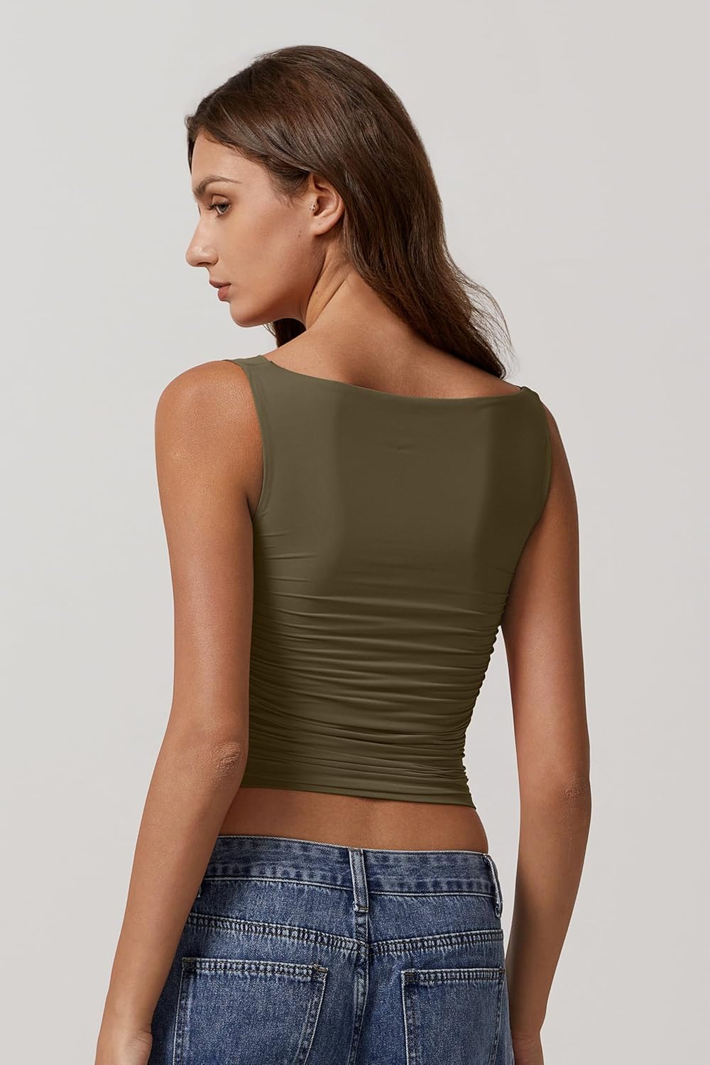 QINSEN Women's Cowl Neck Top Sleeveless Ruched Double Lined Crop Top Y2k T Shirts - Image 5