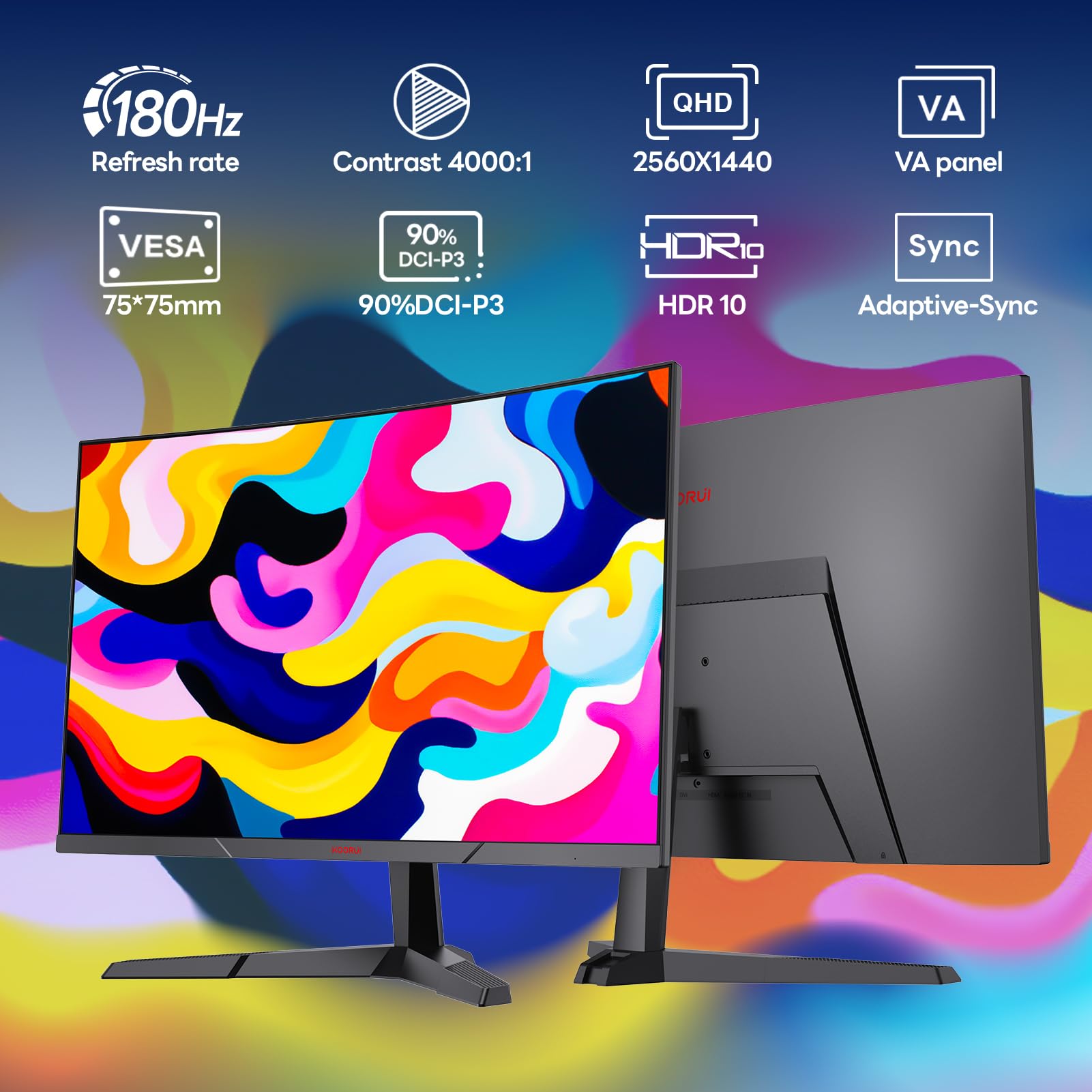 KOORUI 27 Inch QHD Gaming Monitor, 180Hz 1ms Curved VA Panel (1500R), Monitor with Adaptive-Sync, 1440p PC Screen, HDMI/DP, VESA Compatible, Tilt Adjustable, Eye Care - 3