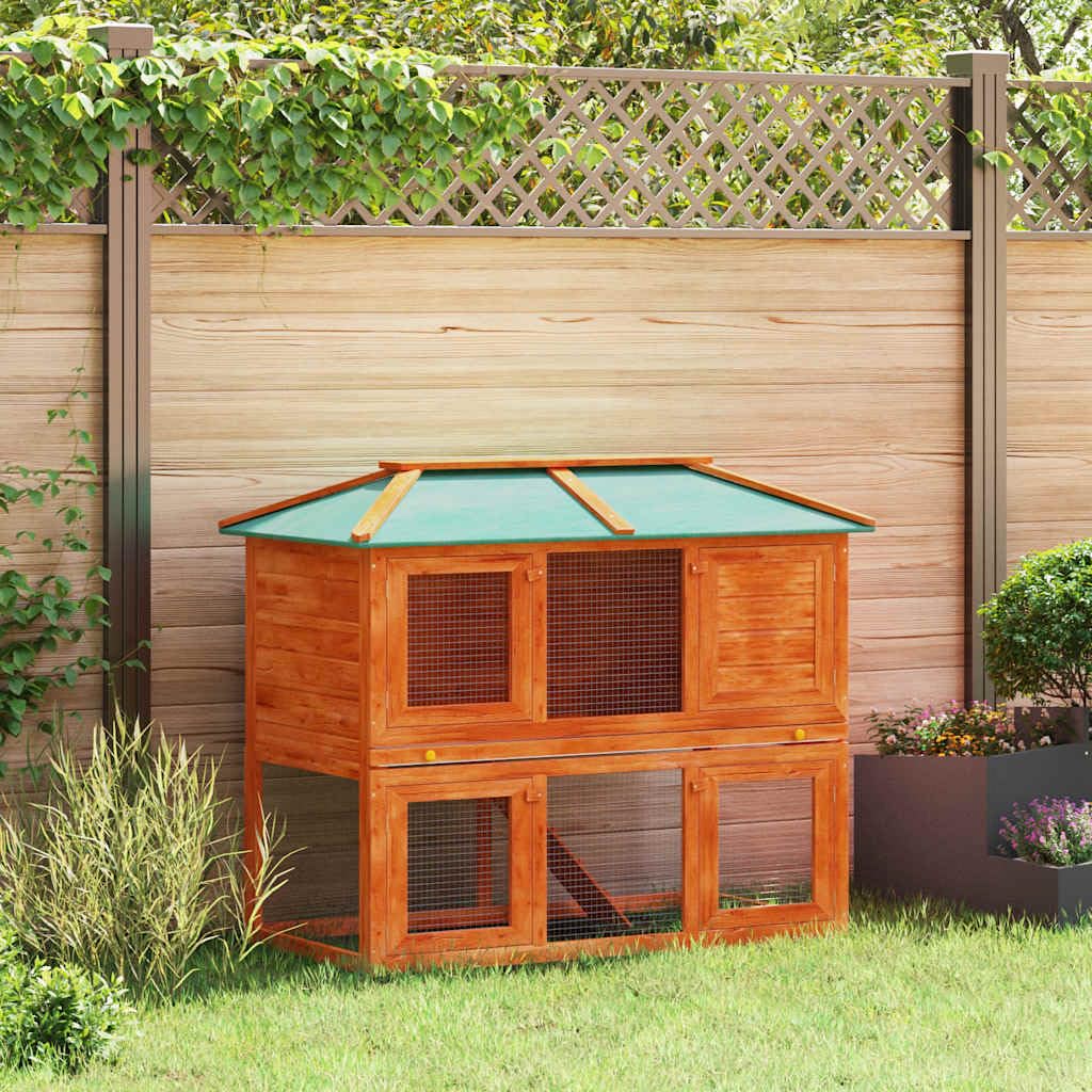 Kleintierstall aus lackiertem Tannenholz 130x68x105 cm mit 2 Etagen, wetterfestem Dach und Drahtgitter, Kaninchenstall für Hasen, Nagerheim, Freilauf und Outdoor-Behausung