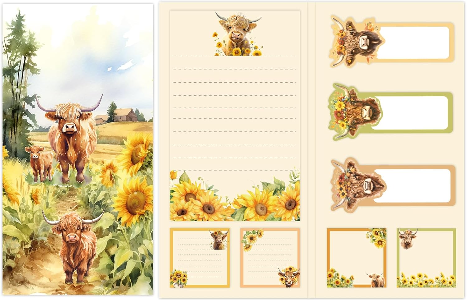 FYSUIMU Highland Cow Sticky Note Set Summer Watercolor Sunflower Farm Animal Notepad Rustic Reminder Memo Pad for Annotating Office Study Supplies, 8 Pads, 240 Sheets