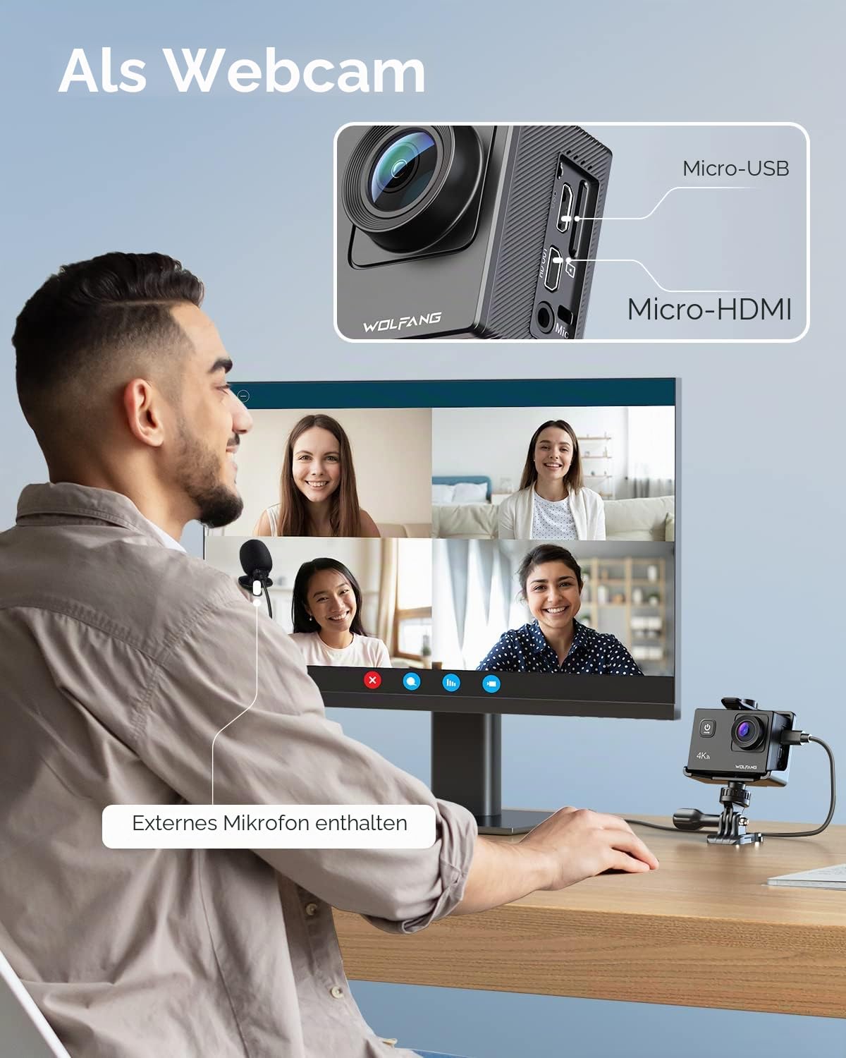 WOLFANG Action Cam GA100 Neu,4K 20MP, Unterwasserkamera WiFi 40M wasserdichte,EIS Bildstabilisator,Helmkamera,170° Weitwinkel,Camcorder,Externem Mikrofon, 2.4G Fernbedienung, 2 Akkus und Zubehör Kit