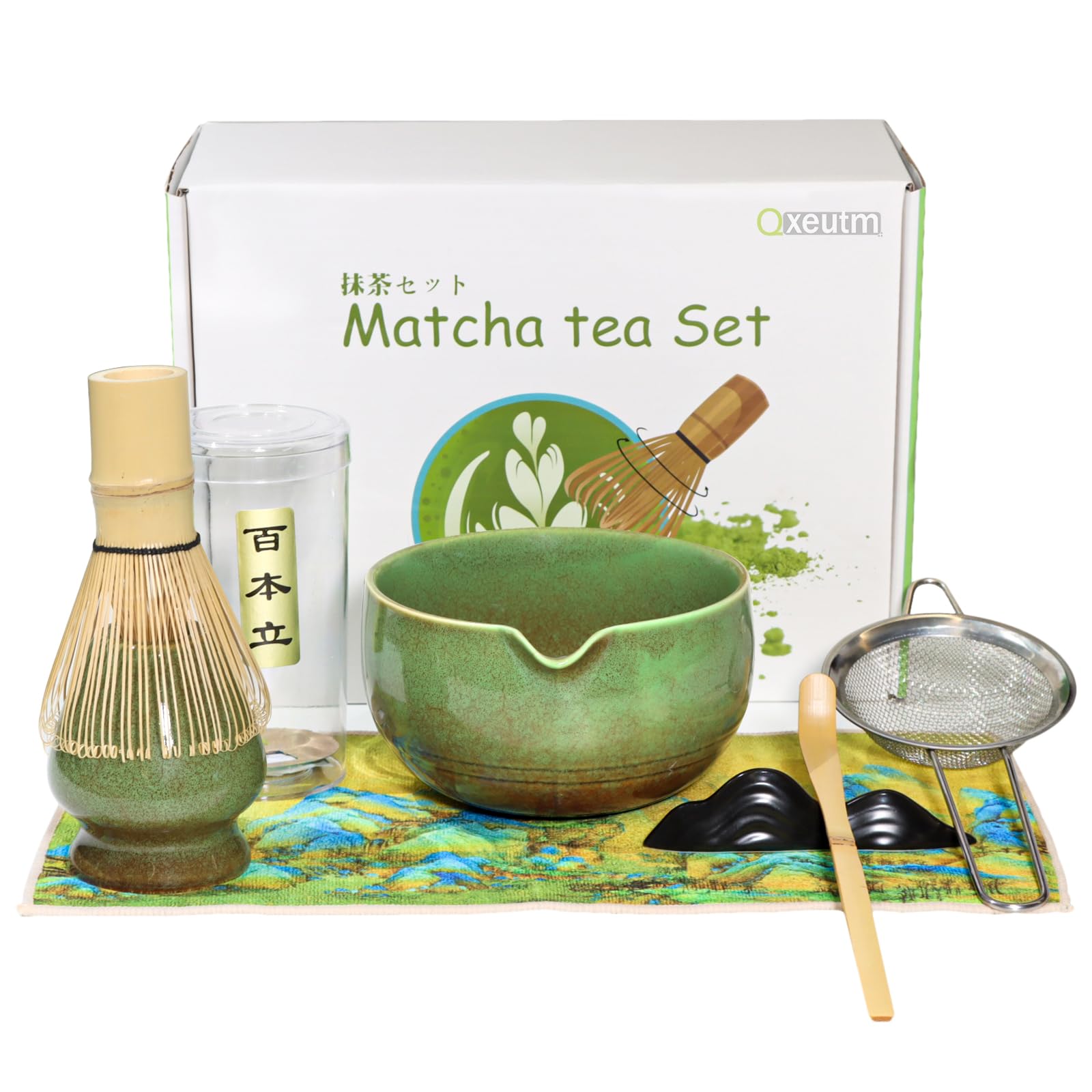 Qxeutm Matcha Whisk Set, 7 Pcs Matcha Set - Ceramic Matcha Bowl & 100% Handmade Bamboo Whisk with Chasen Holder, Bamboo Scoop, Rest, Matcha Sifter & Tea Towel - Complete Matcha Kit (Green)