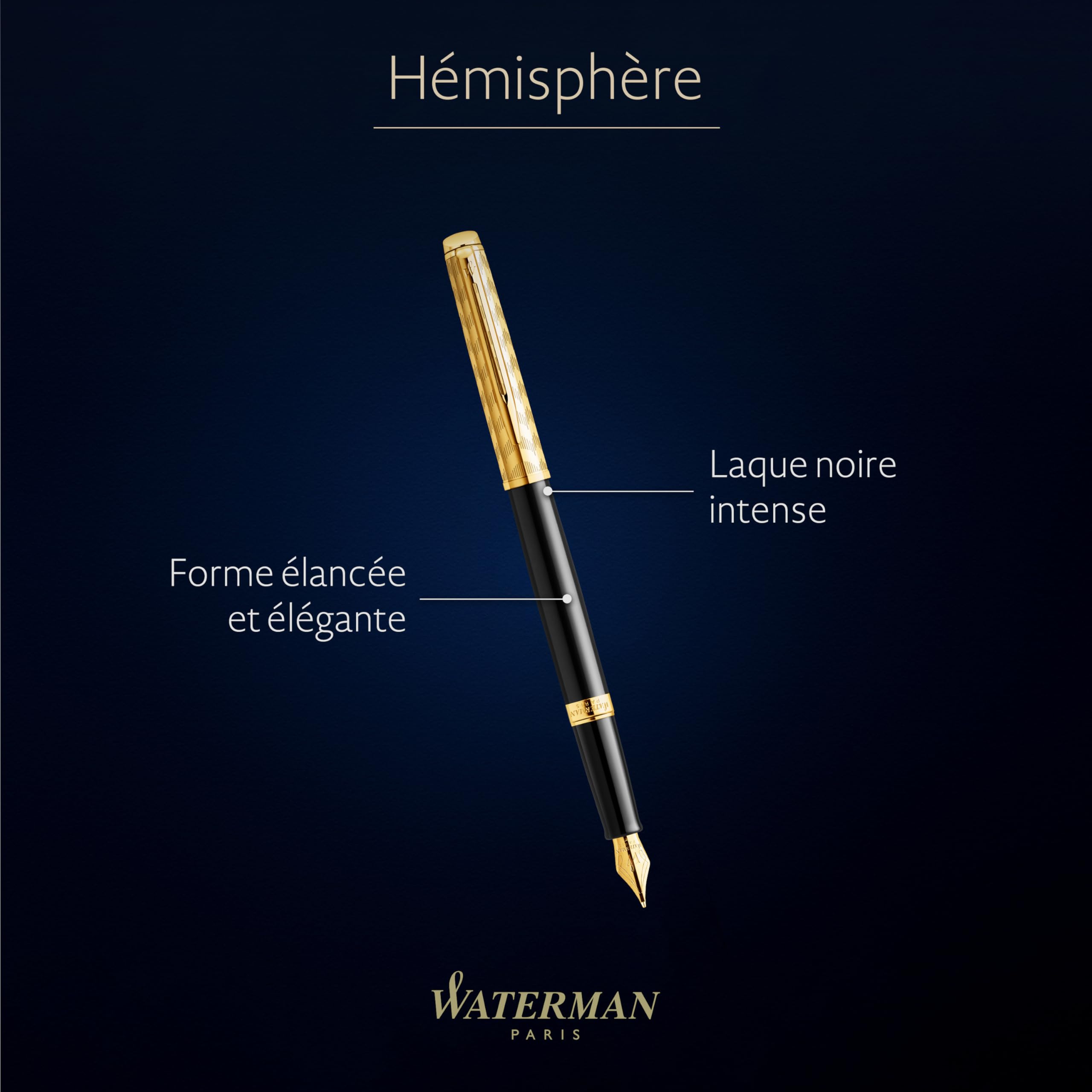 Waterman Hémisphère Stylo plume | La collection Opera | Noir et or | plume moyenne et cartouche d’encre bleue | Coffret cadeau géométrique