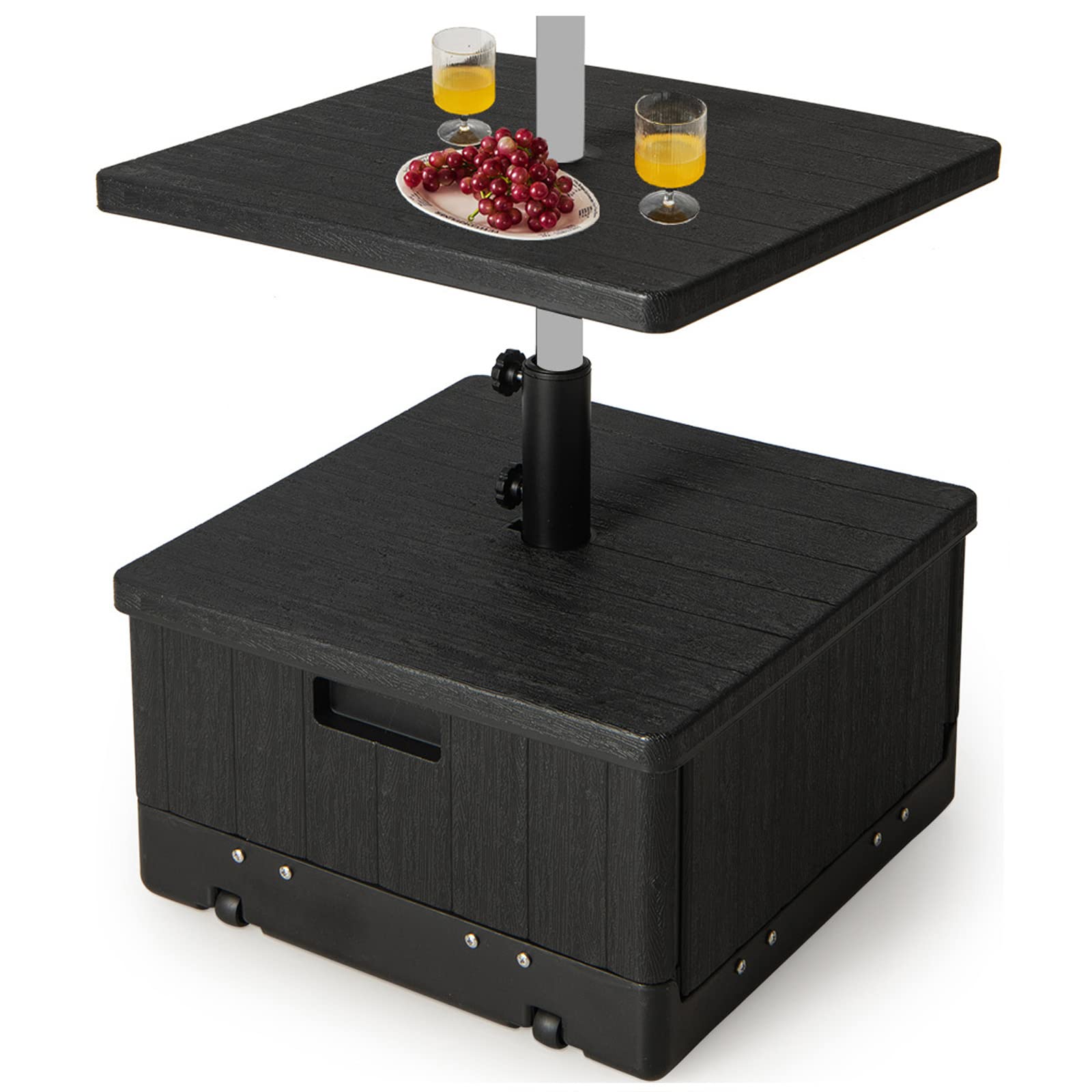 Giantex Outdoor Side Table with Umbrella Stand, 175 lbs Fillable Weighted Bag, Adjustable Umbrella Table Tray, 2 Wheels and 2 Handles, Umbrella Base