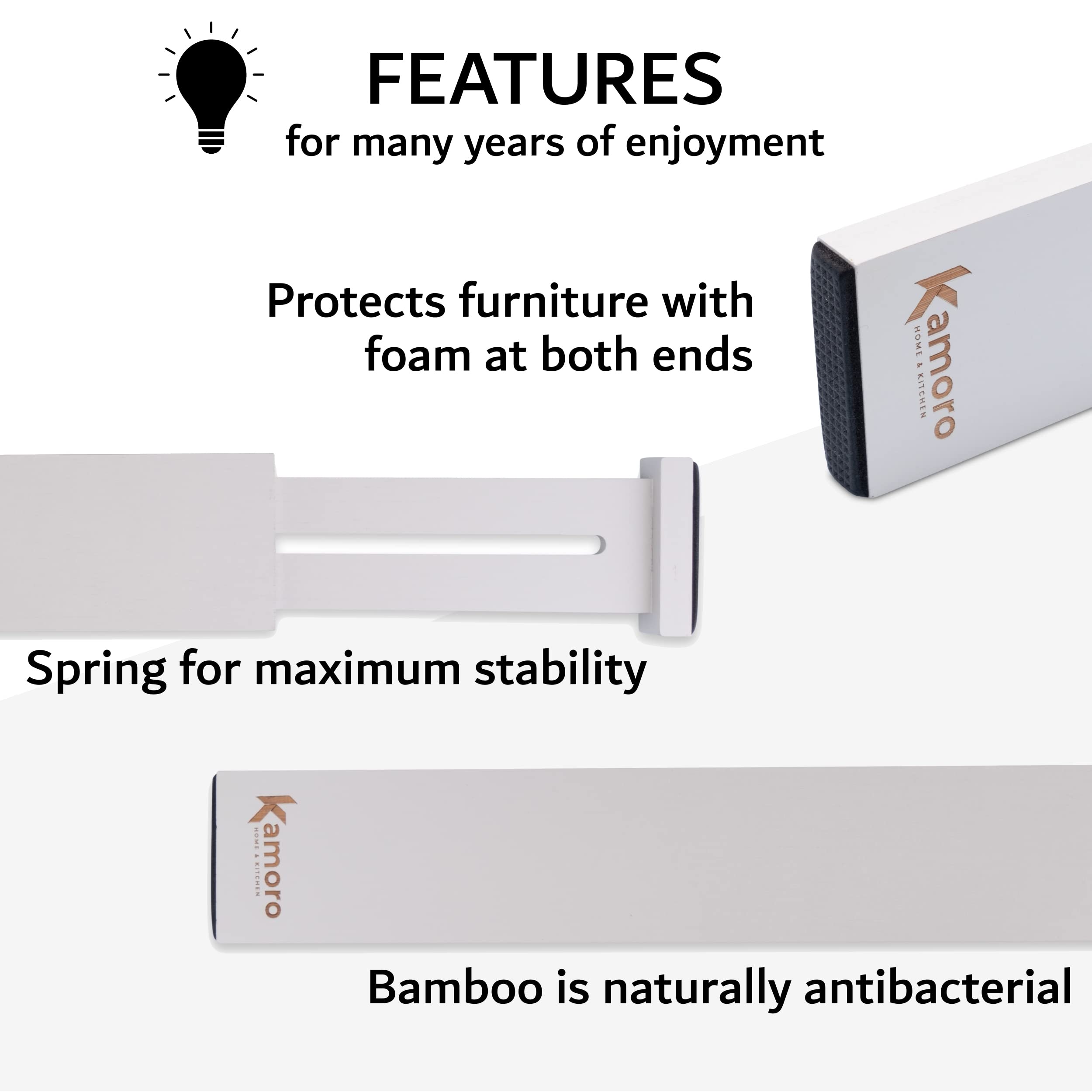 Kamoro HOME & KITCHEN Natural Bamboo Drawer Dividers - Spring Loaded for Firm Hold - Furniture Protection Ends [Set of 4] - Adjustable from 45 to 57 cm - White — view 4