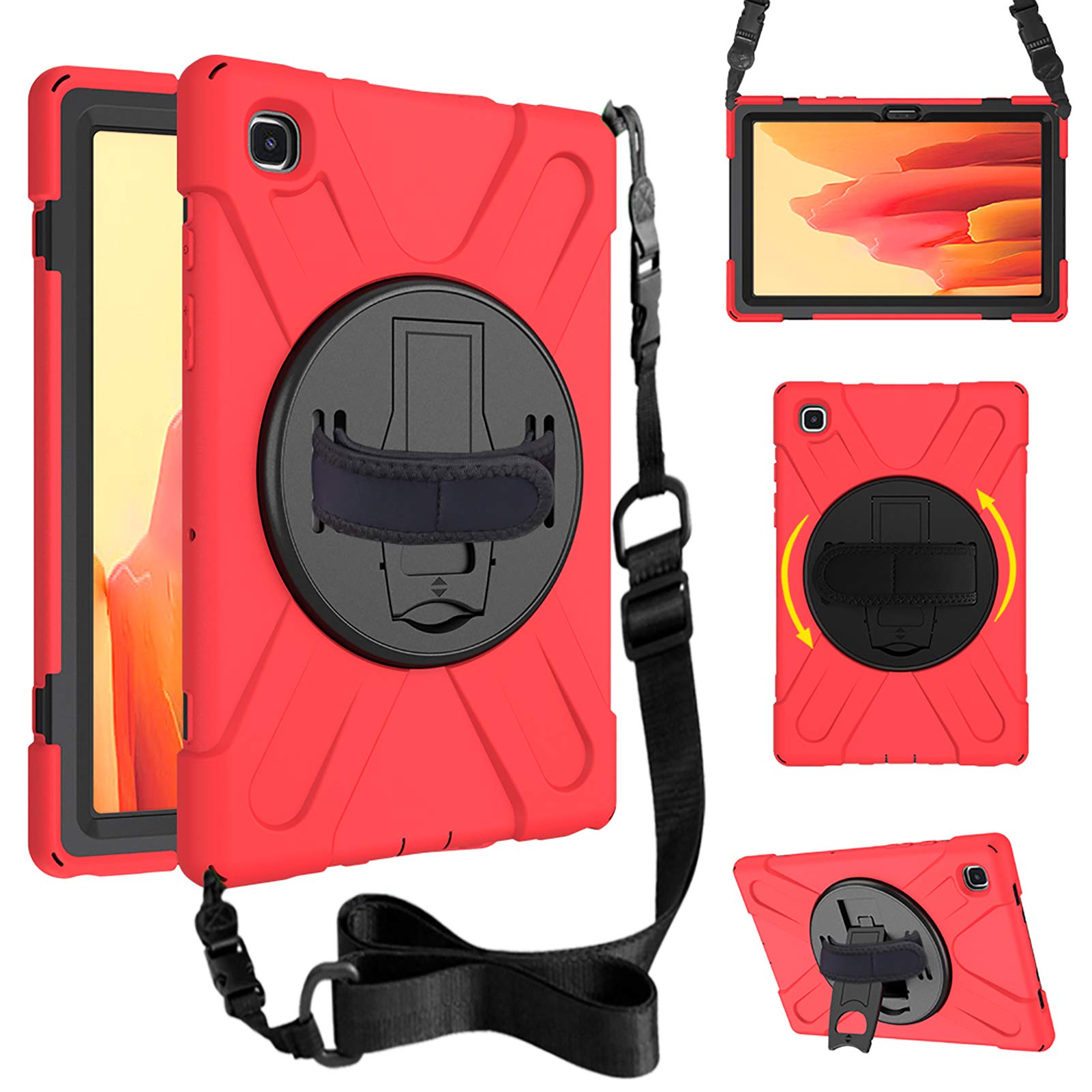 JunfireSamsung Galaxy Tab A7 Case 10.4 Inch, Case for Galaxy A7 Tablet Heavy Duty Shockproof Protective Cover (SM-T500/T503/T505/T507) 2020/2022 with Rotating Kickstand, Shoulder & Hand Strap, Red