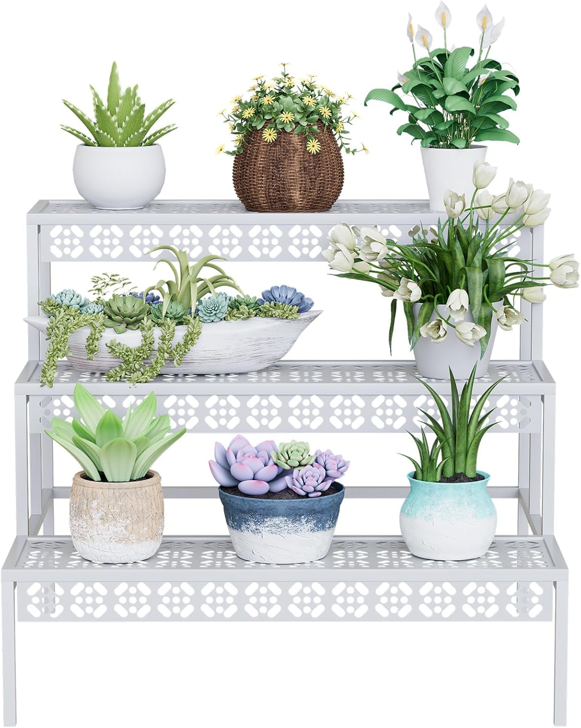 Huhote Scala per fiori in metallo a 3 gradini, per giardino, balcone, interni ed esterni, multifunzionale con grande capacità, bianco