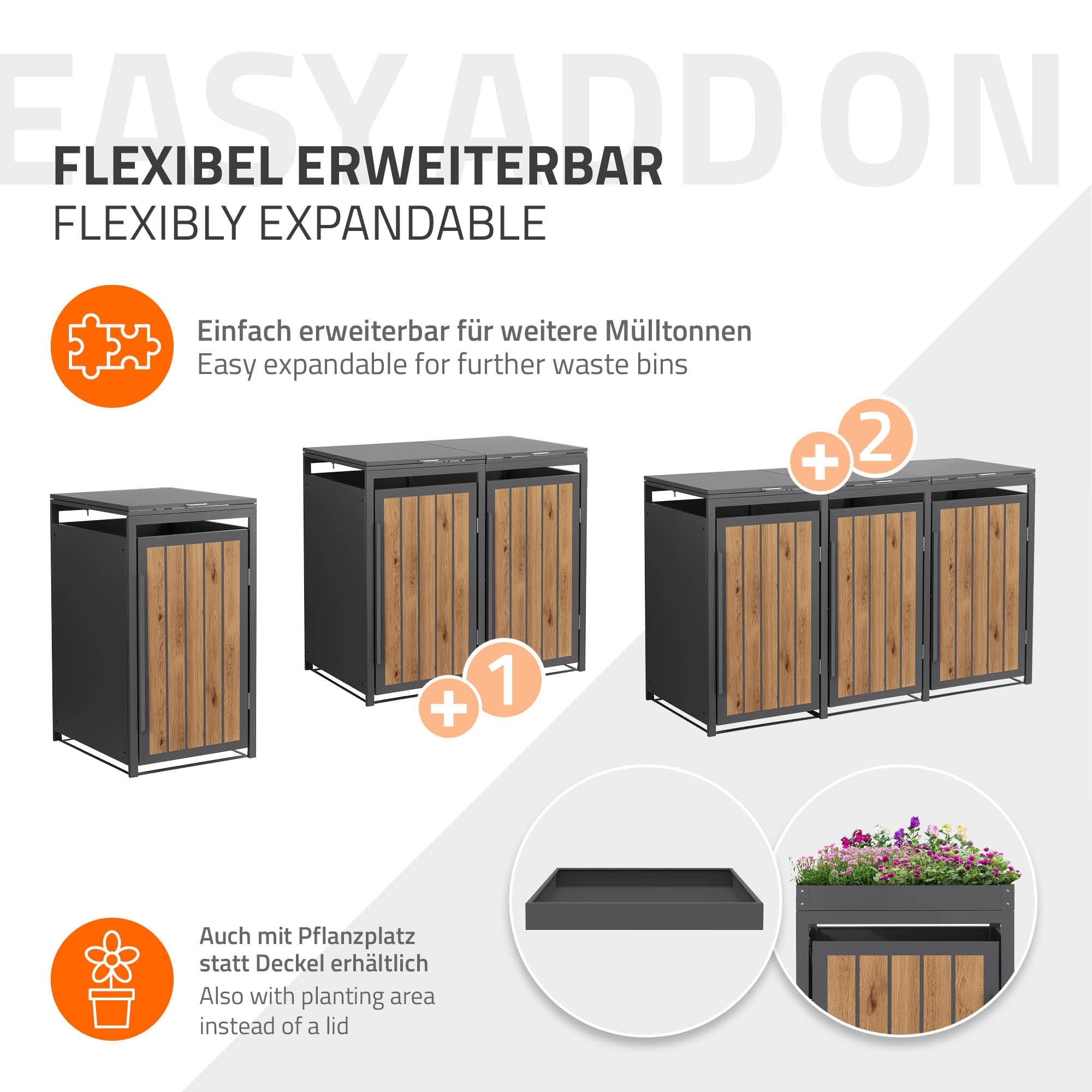 ML-Design Abri Cache 1 Poubelle, 68x80x120cm 240L, Anthracite Aspect Bois Claire, en Acier, Couvercle Rabattable et Porte Clôture, Protection Visuelle, Habillage Conteneurs, Résistant aux Intempéries