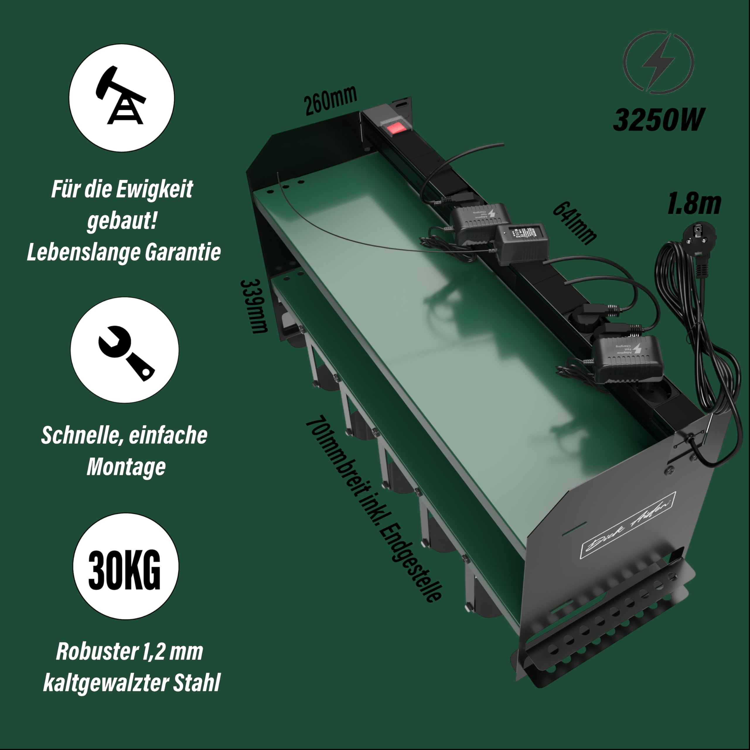 Elektrowerkzeug-Organizer mit Steckdosenleiste & Ladestation, Schwerlast-Werkzeughalter für Werkstatt & Garage, 6-fach Halterung, Metabo Grün.