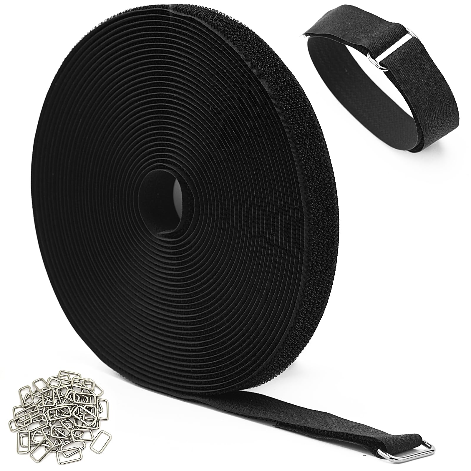 KINGLAKE 32ft Hook and Loop Straps 0.8 Inch Wide with 50 Metal Buckles,Adjustable Cable Straps Fastening Nylon Cable Wire Cord Ties,Black Cinch Straps