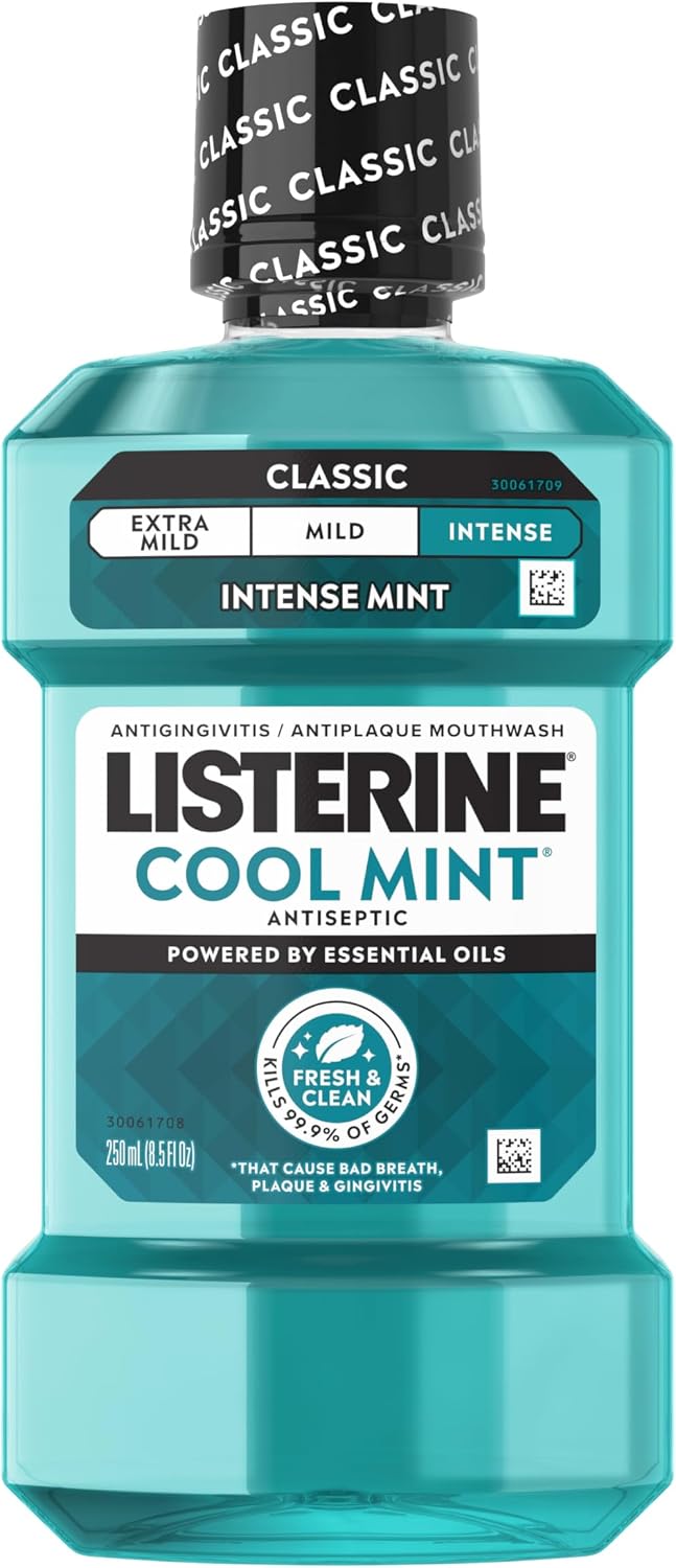 Listerine Cool Mint Intense Antiseptic Mouthwash, Daily Oral Rinse Kills 99.9% of Germs that Cause Bad Breath, Plaque and Gingivitis. for a Fresh, Clean Mouth, Intense Mint Flavor, 250 mL/ 8.5 Fl.Oz.