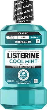 Listerine Cool Mint Intense Antiseptic Mouthwash, Daily Oral Rinse Kills 99.9% of Germs that Cause Bad Breath, Plaque and Gingivitis. for a Fresh, Clean Mouth, Intense Mint Flavor, 250 mL/ 8.5 Fl.Oz.