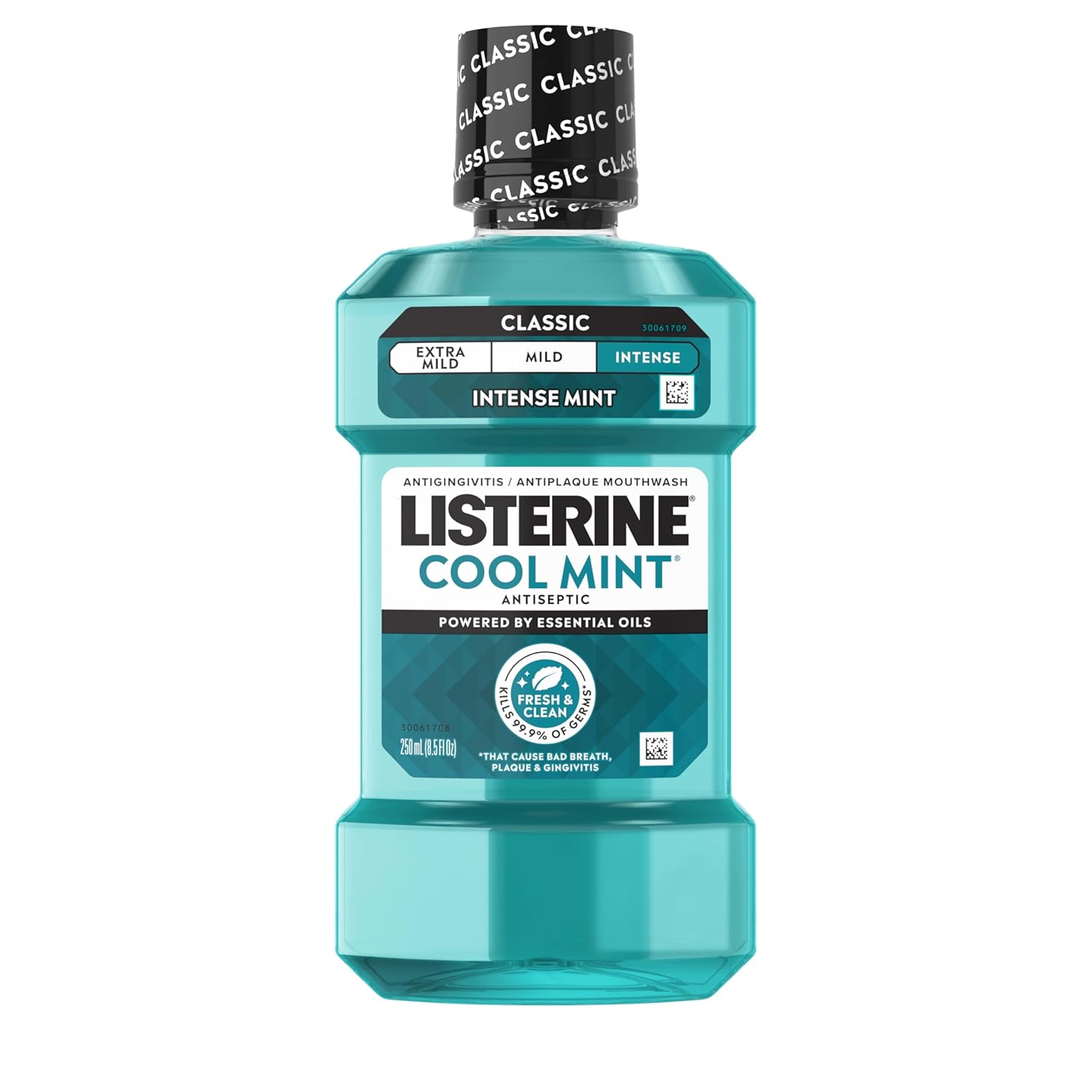 Listerine Cool Mint Intense Mouthwash 250ml - Kills 99.9% Germs, Fights Bad Breath, Plaque & Gingivitis, ADA Accepted, 24hr Protection