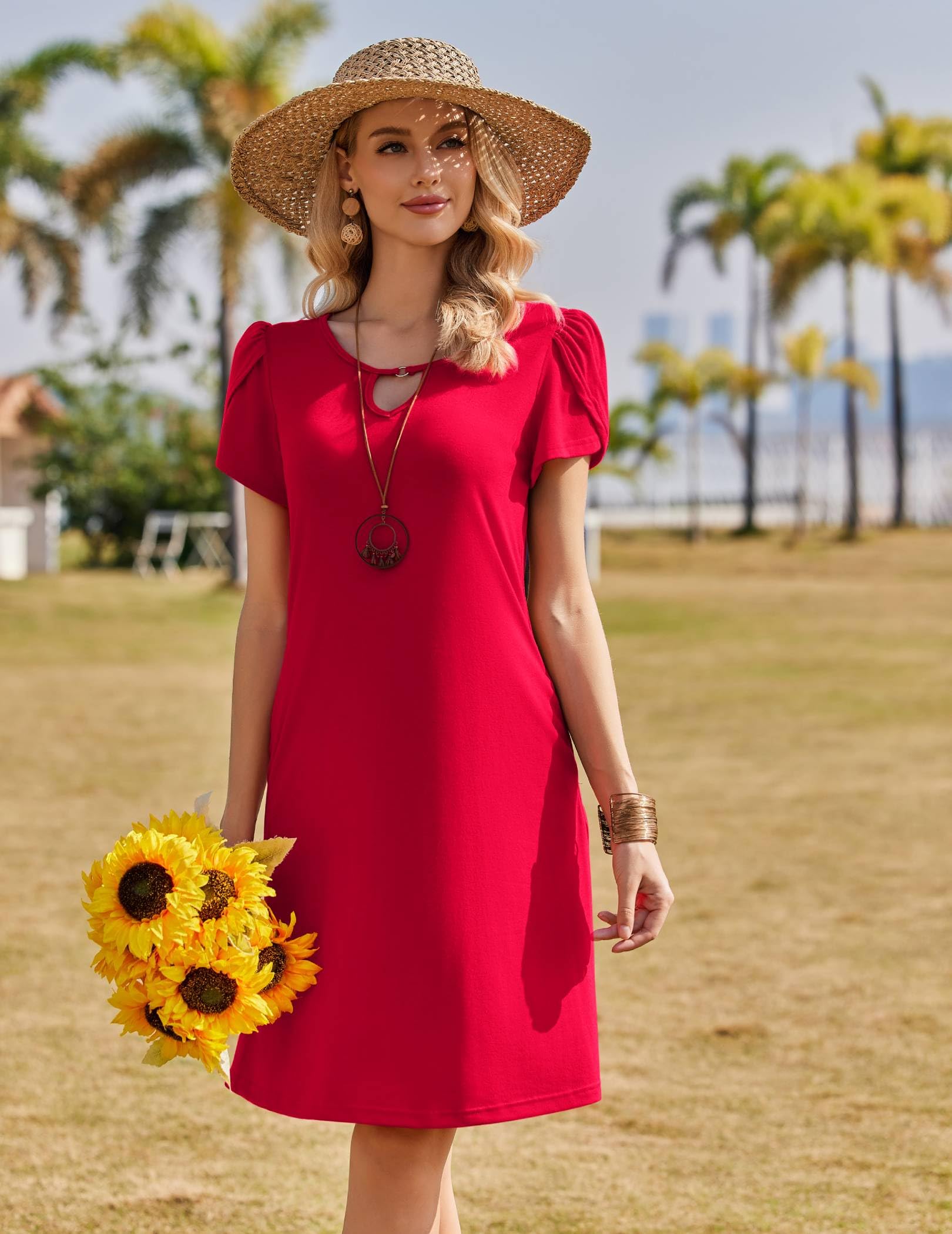 Zeagoo Robe Femme Ete Manches Courtes Robe Décontractée Col Rond Mi Longue Tunique Robe avec Poches S-XXL