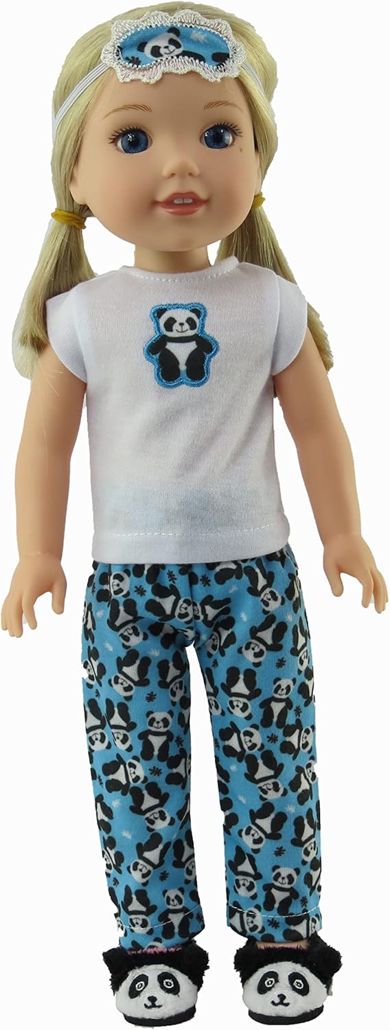 American Fashion World Blue Panda Pajamas for 14-Inch Dolls | 3 Piece | Premium Quality & Trendy Design | Dolls Clothes | Outfit Fashions for Dolls for Popular Brands