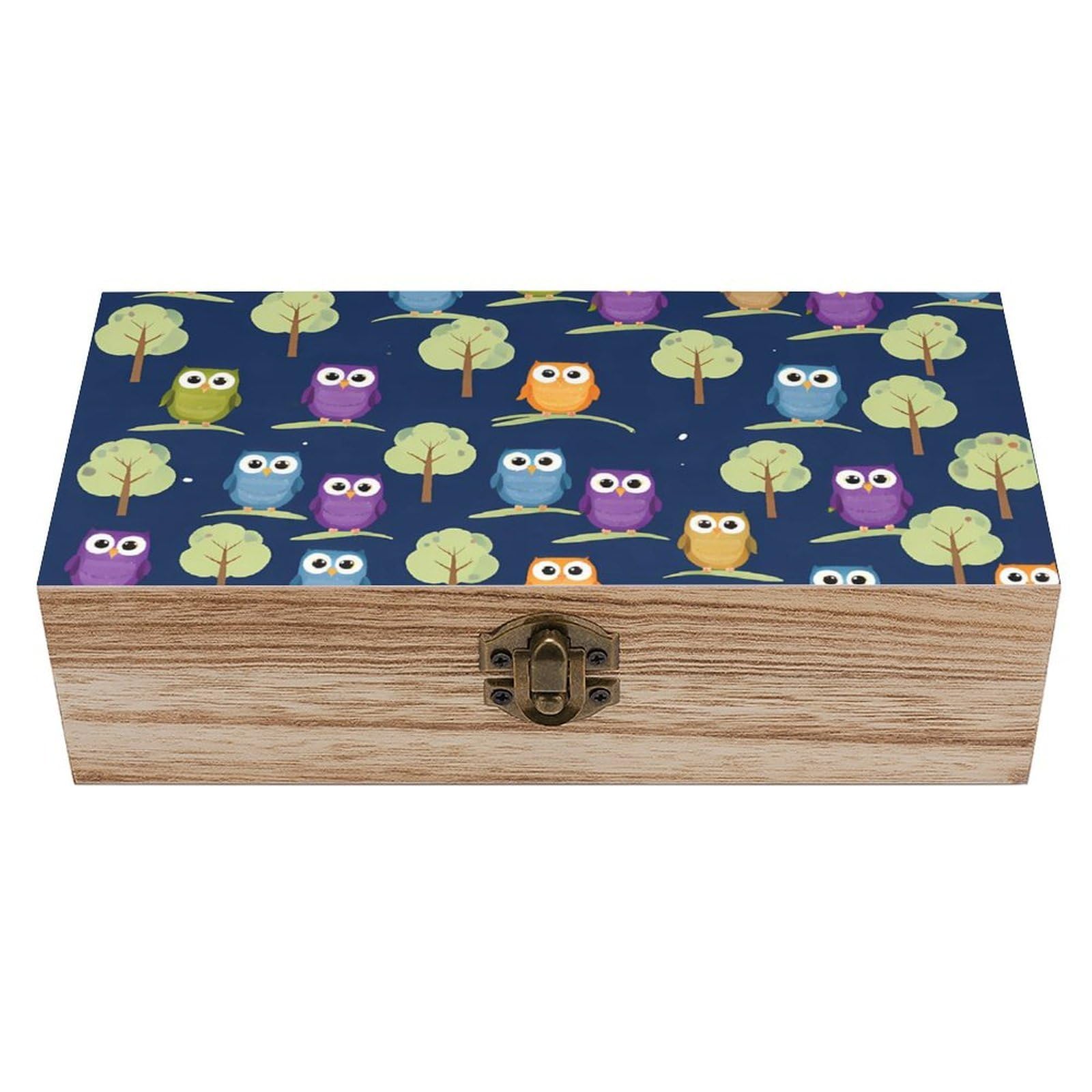 SMAZDFXX Cute Owl Art Wooden Storage Box With Hinged Lid Decorative Front Clasp Keepsake Boxes