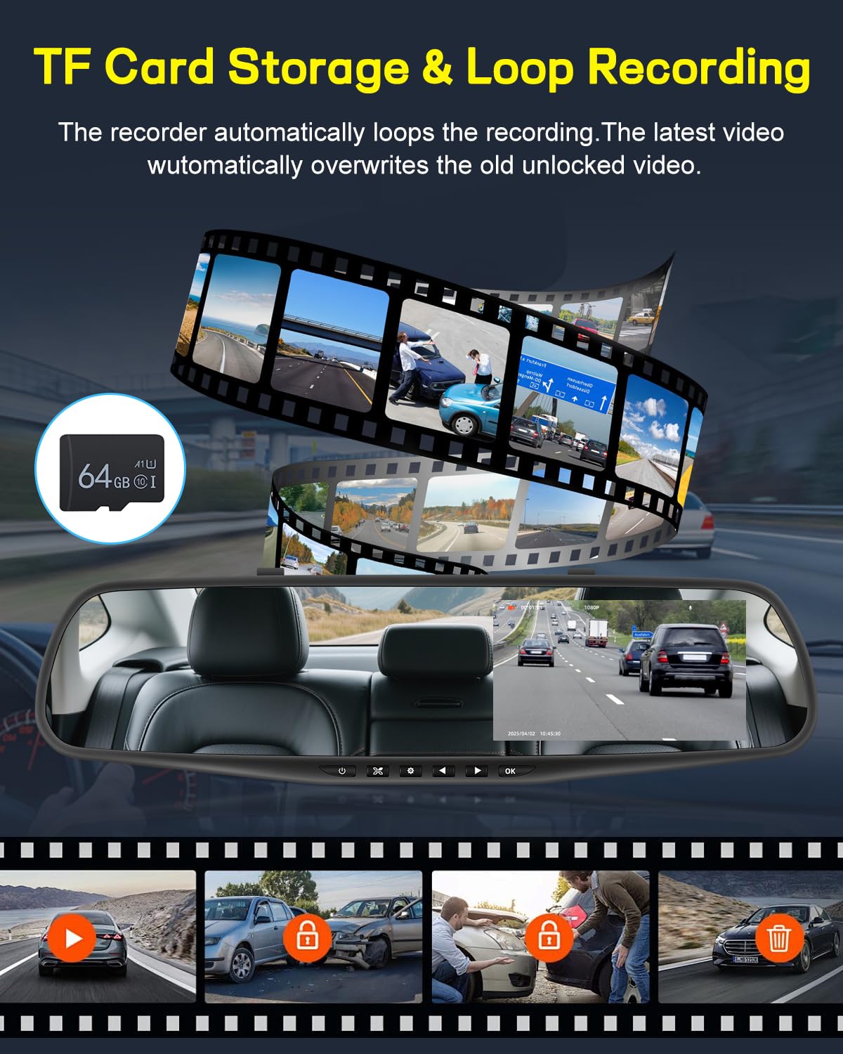 NHOPEEW 1080P Dash Cam con specchio e schermo da 4,5 pollici - Telecamere anteriori e posteriori Supporta registrazione in loop Controllo dell'esposizione della linea di retromarcia Visione notturna