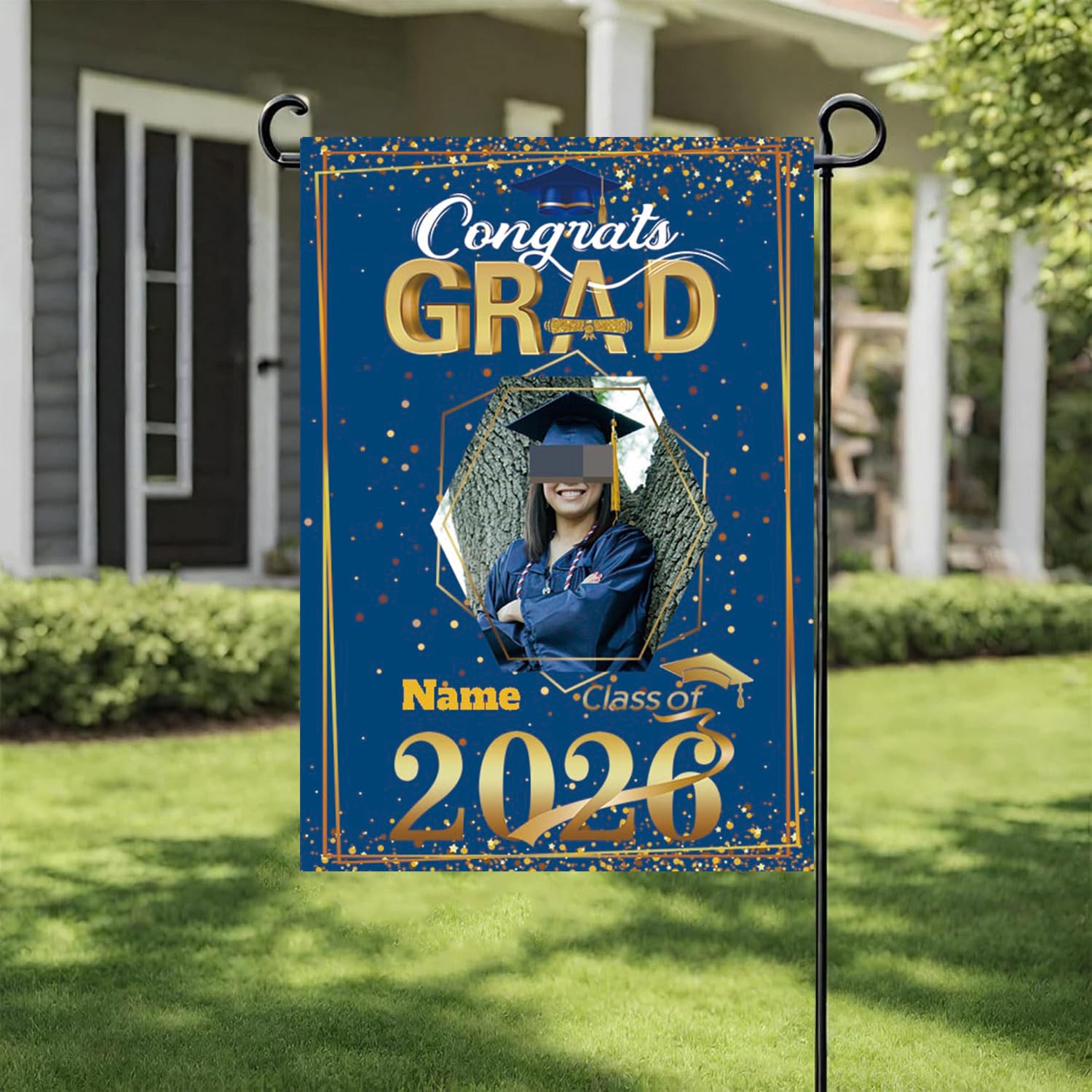 Dicodes Personalized Graduation Garden Flag 2026 Congratulation Grad Yard Sign Outdoor Home Flag for Graduation Party Ceremony(Blue and Gold)