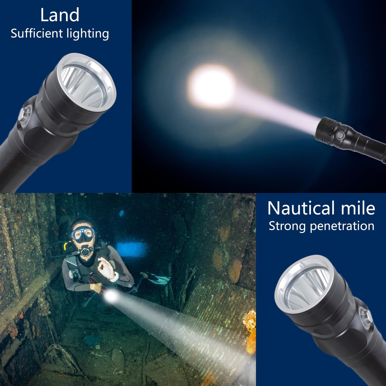 Torcia elettrica subacquea a LED con struttura in metallo e luce da pesca adatta per immersioni in mare e pesca