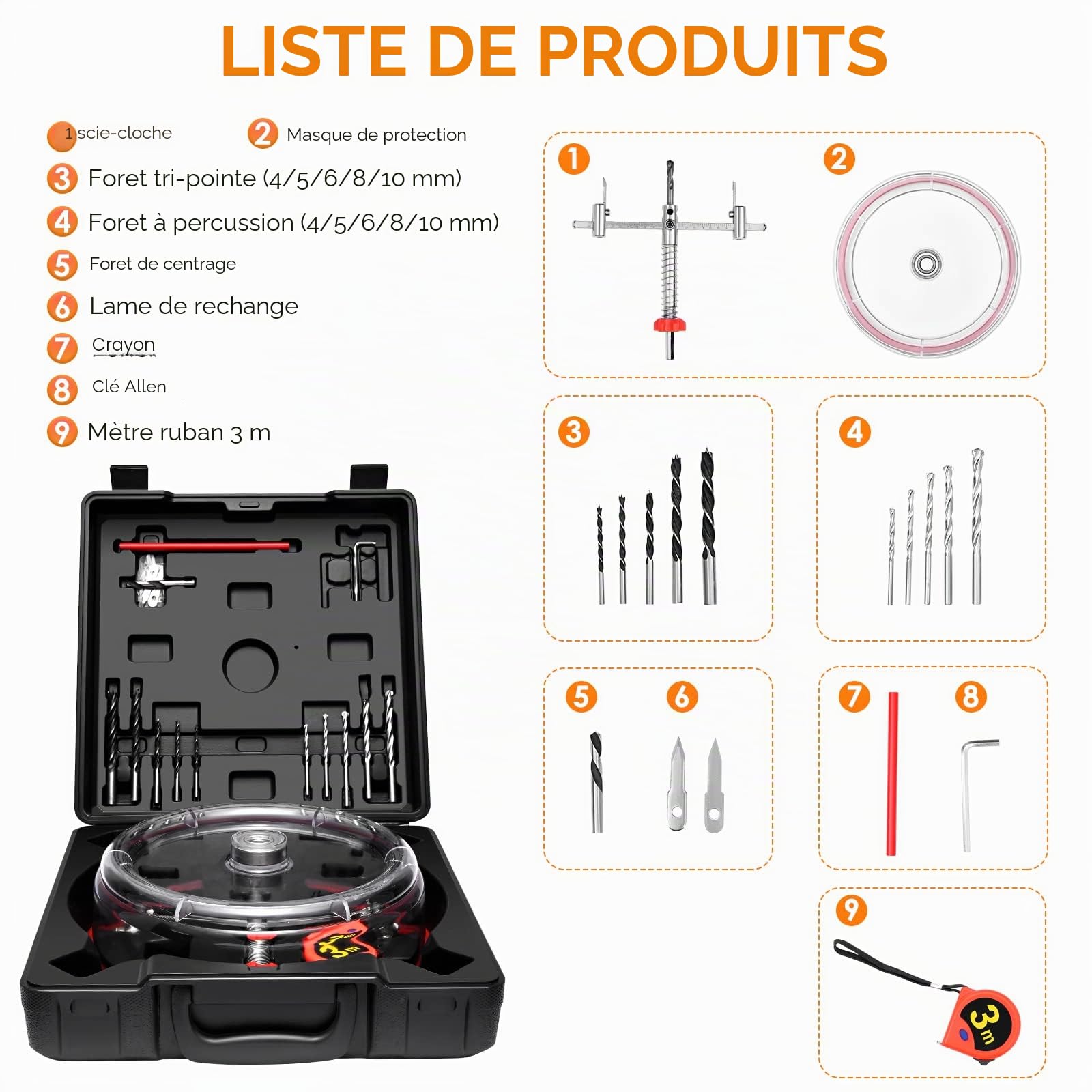 Scie Cloche Réglable 40-200 mm, Coupe-cercles avec Capot Anti-poussière Scie Cloche Cercle Cutter pour Bois, Plastique, Plâtre et plus