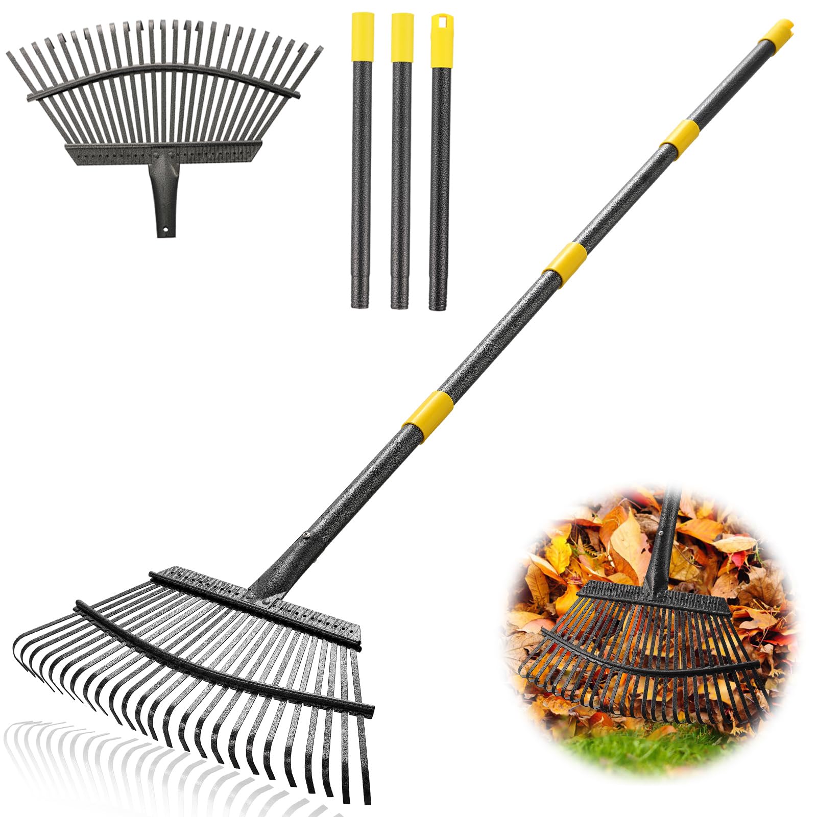 Garden Rake for Leaves, Heavy Duty 25 Tines Metal Leaf Rake?65" Adjustable Long Handle 18" Wide Yard Rake for Lawns Flower Bed Grass Mulch Shrub Camping Gardening