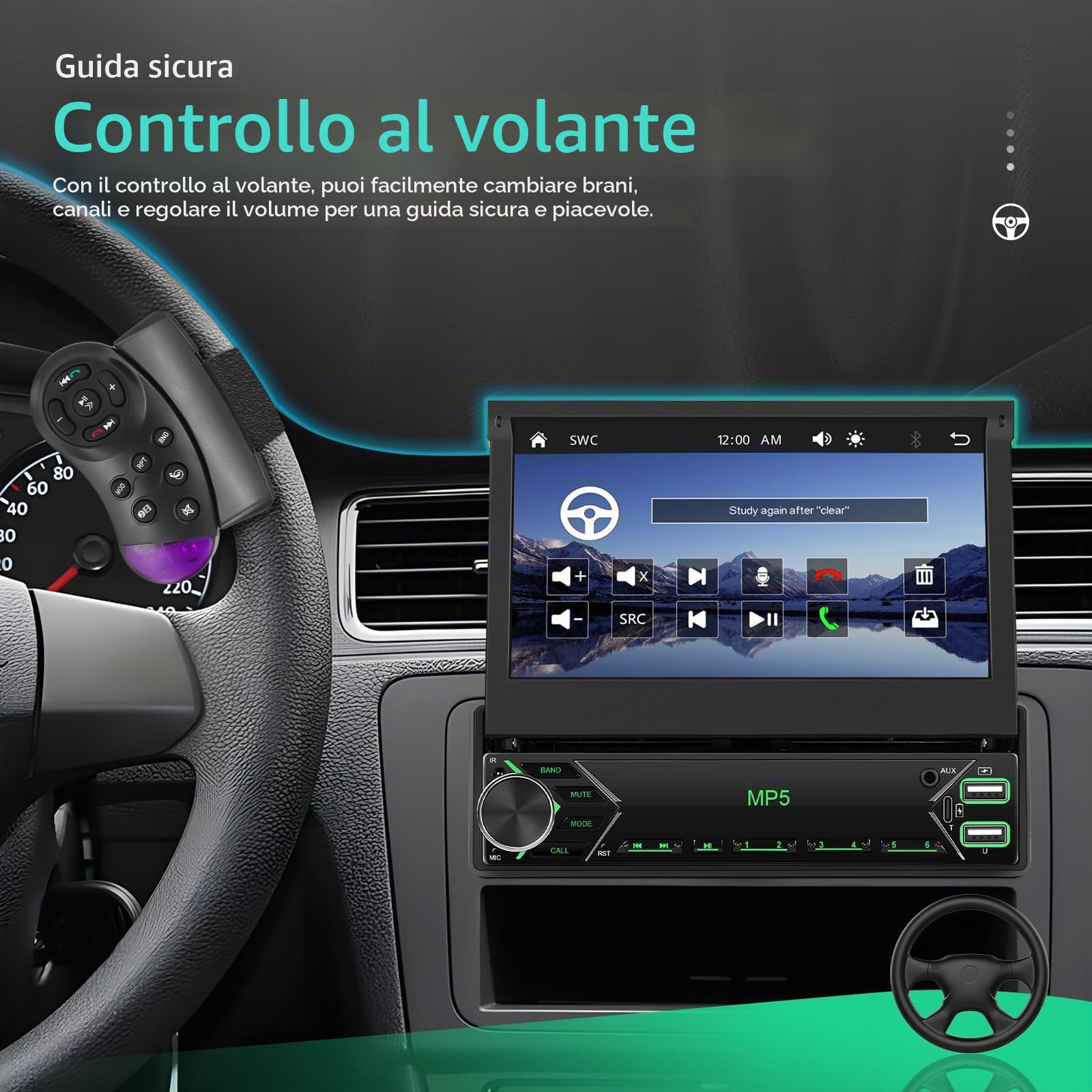 Autoradio 1 DIN Wireless CarPlay Android Auto, Schermo Retrattile da 7 Pollici Touch Screen con Bluetooth, FM, Telecamera posteriore, Comandi al Volante