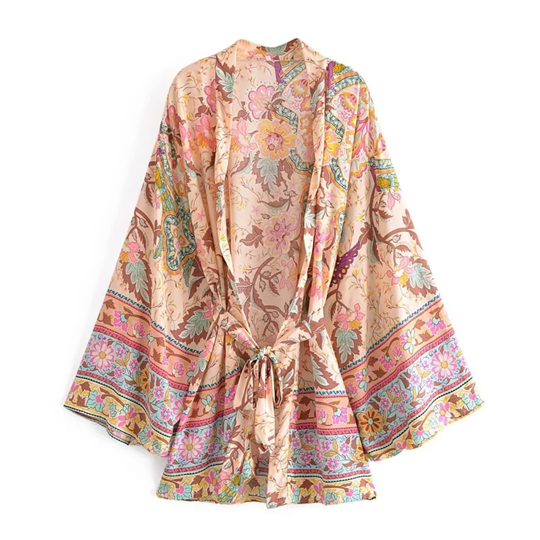 Vintage Print Fusciacche Bohemian Kimono Donne Scollo A V Maniche Pipistrello Breve Robe Bikini Cover-up, Beige, S