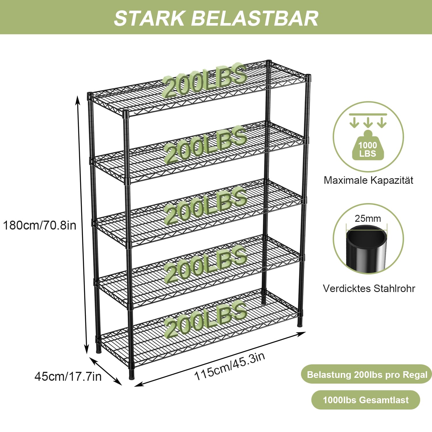 KZOBYD Unità di stoccaggio con 5 ripiani regolabili in altezza, portata 500 kg, scaffale in metallo, 5 ripiani, scaffale per carichi pesanti, scaffalatura in metallo, scaffale da cucina, garage (nero,