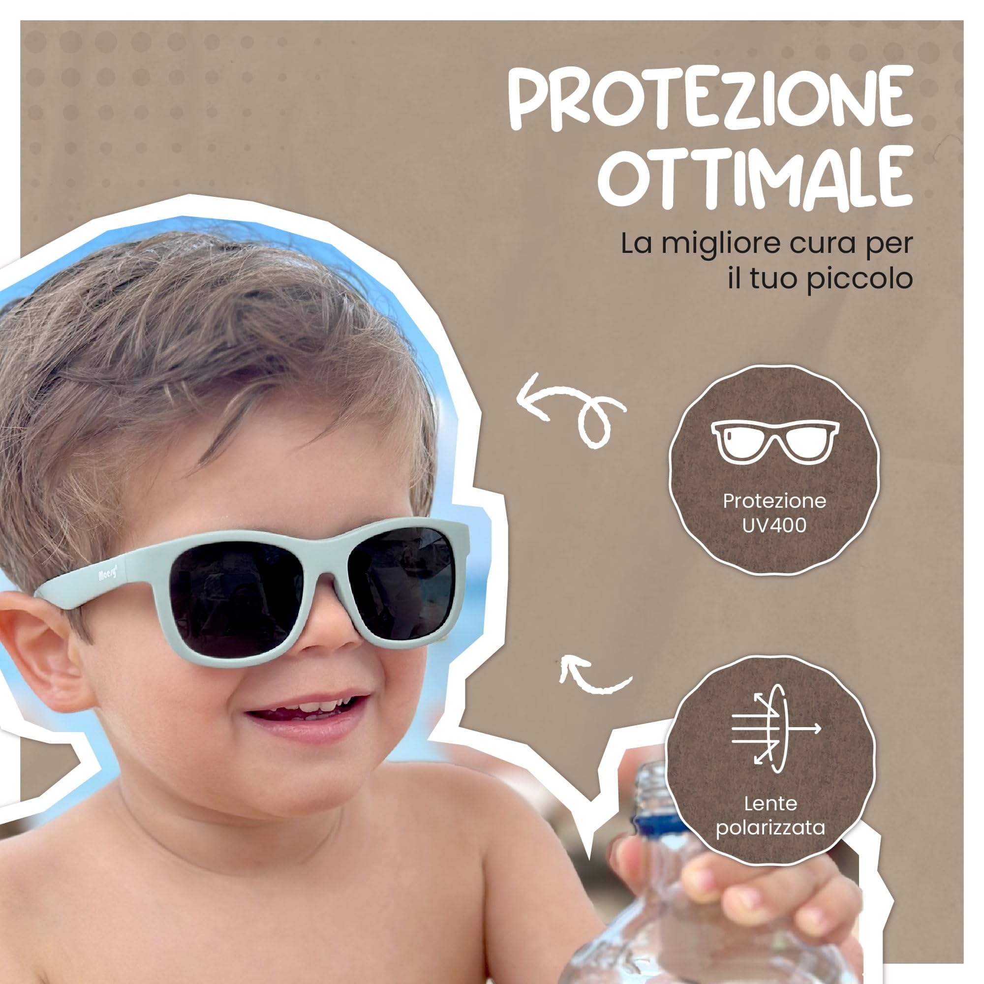 Occhiali da Sole Bambino 1-3 Anni - Lenti Polarizzate UV400 Categoria Filtro 3 - Montatura Flessibile con Fascia Regolabile - Design Quadrato, Sicuri e Confortevoli - Luca
