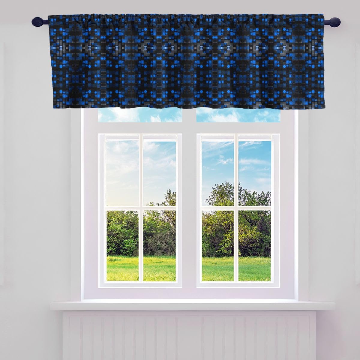 Manfei Abstract Blocks Valance Curtains Lattice Geometric Check Pixelated Window Valances for Boys Girls Adult Bedroom Decor Miners Video Games Blocks Window Drape 52" W x 18" L (Pack of 1),Red Black