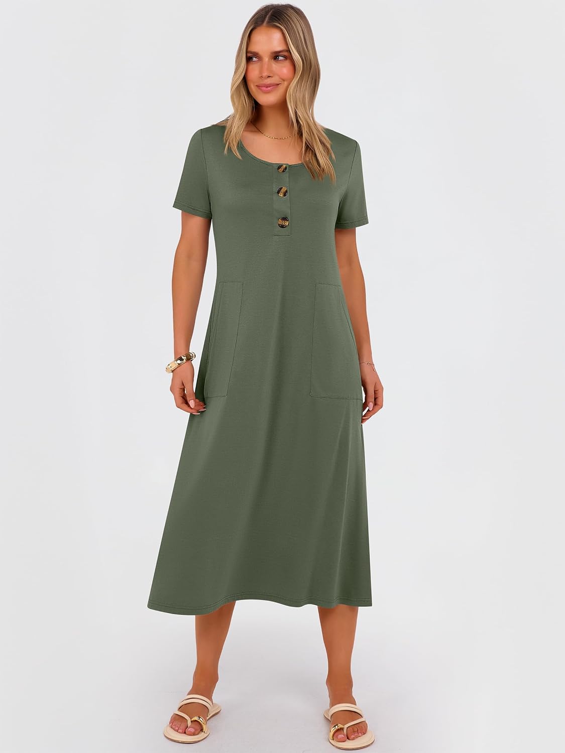ANRABESS Women's Summer Midi Dress Short Sleeve Button Up Crewneck Casual 2026 Beach Vacation Loose Dresses with Pockets - Image 4