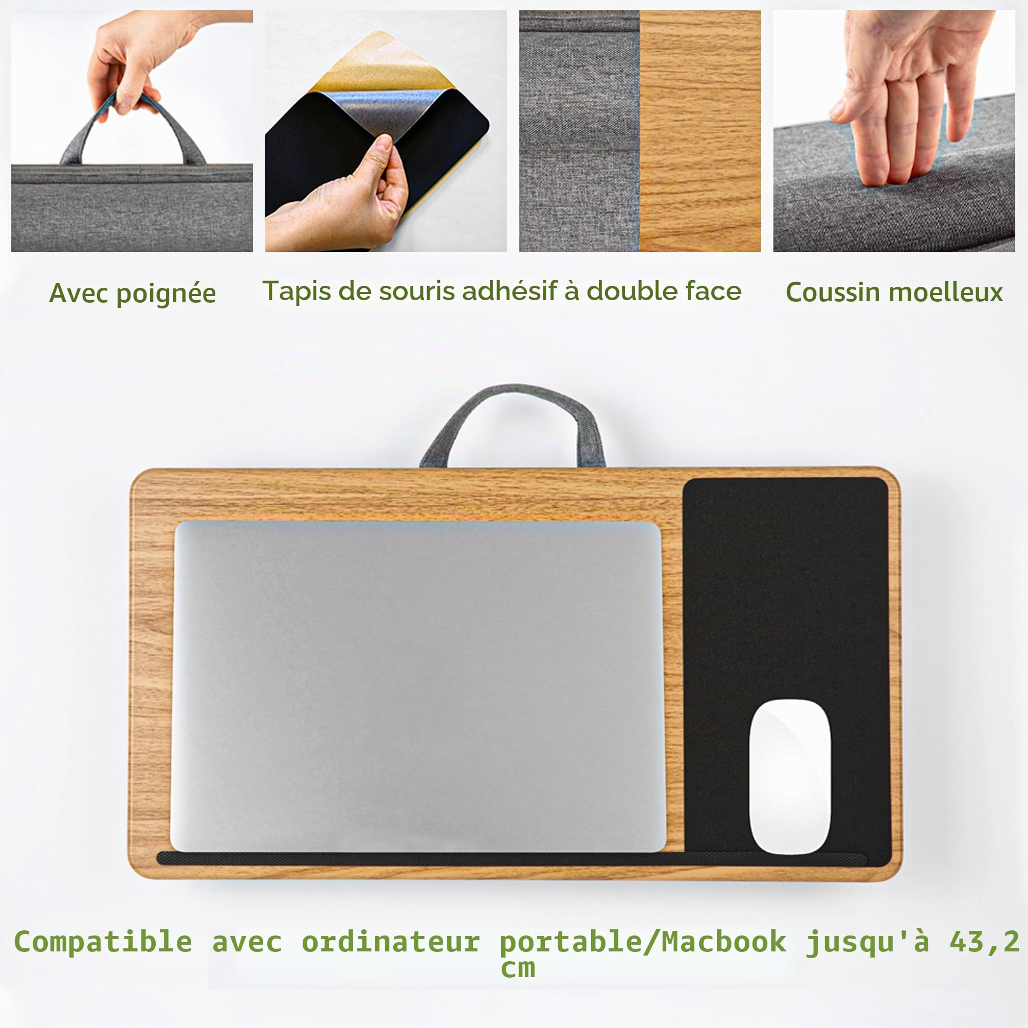 Plateau Ordinateur Portable en Bois Ingénieré avec Coussin Doux, Support de Genoux avec Repose-Poignet, Tablette de Lit pour Ordinateur Portable Jusqu’à 17 Pouces (Grand - Motif Bois)