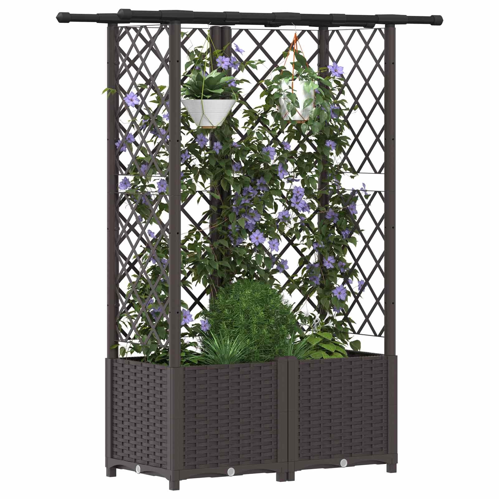 Podwyższona grządka z kratką dla roślin pnących i dachem wiszącym, brązowa, z polipropylenu, 124 x 40 x 136 cm, na balkon, taras i do ogrodu, donica na rośliny z nawadnianiem i zbiornikiem