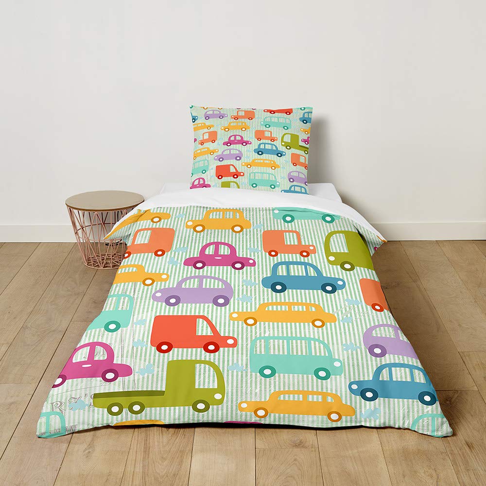 FANSU Children Boys Kids Duvet Cover Bedding Set 2 Piece, 3D Cartoon Car Print Easy Care Quilt Cover & Pillow Set for Nursery Toddler Cot Single Size Bed (Green Stripes,100x135cm+40x60cm)
