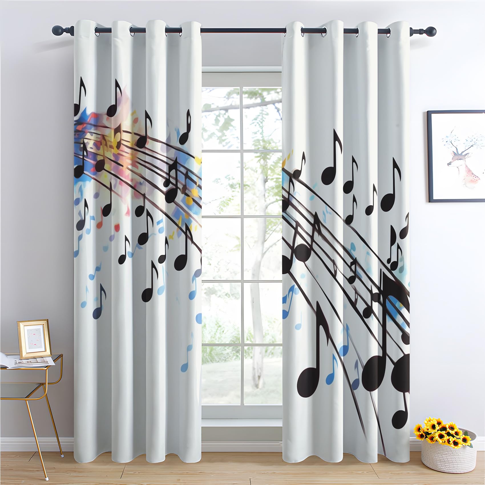 Vorhänge Musik, Verdunkelungsvorhang 2er Set - Vorhang Blickdicht Musiknoten Muster, Thermovorhang für Deko Wohnzimmer Schlafzimmer Kinderzimmer, Gardinen mit Ösen 160x132 cm (HxB) (H2-&233)
