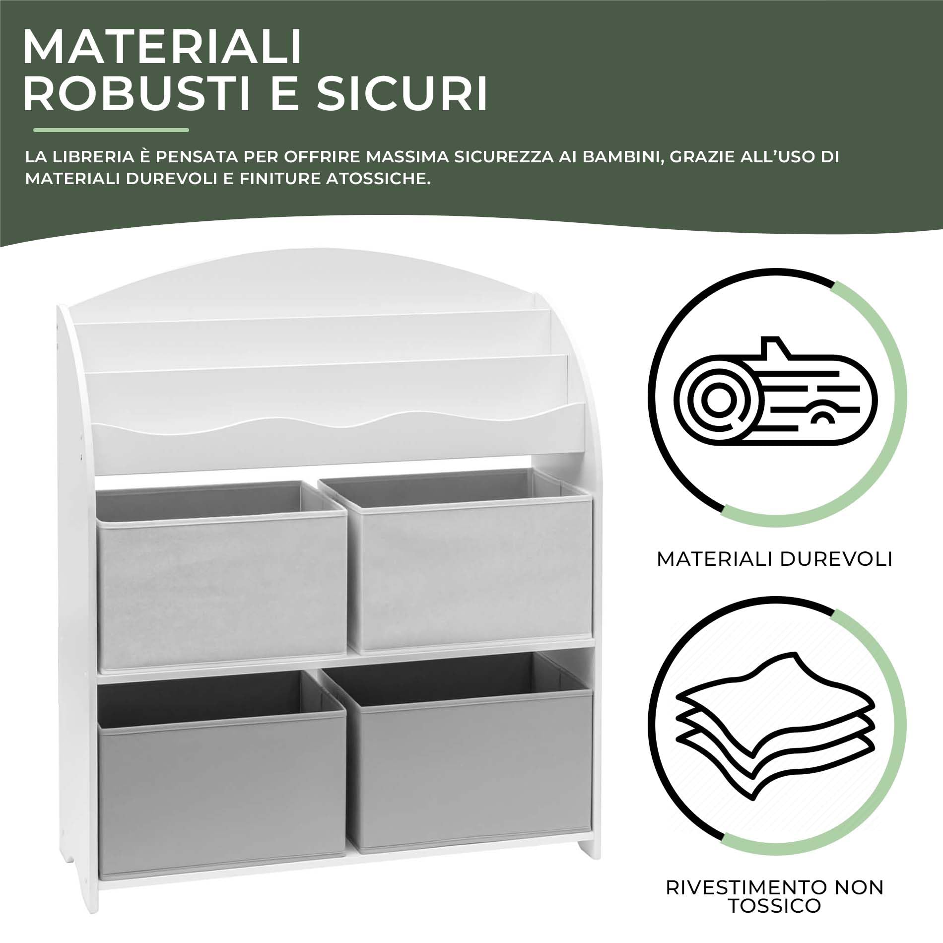 Rebecca Mobili Scaffale Per Giocattoli, Portagiochi Bambini, Bianco Grigio, MDF TNT, Con 4 Ceste, Per Cameretta - Misure HxLxP: 97,5 x 82,5 x 29,5 cm - Art. RE6846