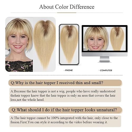 Miniatura 2 de HAIRCUBE Toppers de cabello humano para mujer, 100% Remy con flequillo, 150% de densidad, base de seda con clip, 2.8 x 5.1 in, 10 pulgadas, 1.23 oz,
