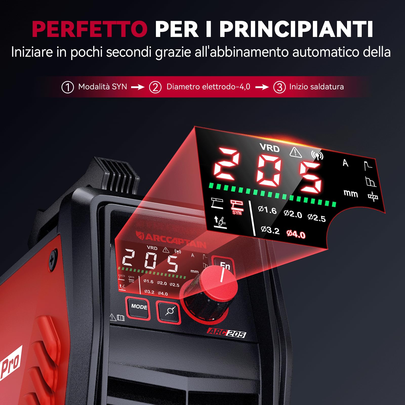 ARCCAPTAIN Saldatrice Elettrodo iControl ARC205 Pro [Controllo APP] 205Amp ARC/Lift TIG saldatrice, display a LED, IGBT Inverter 230V MMA saldatore con avvio a caldo, forza d'arco, e Anti-Stick
