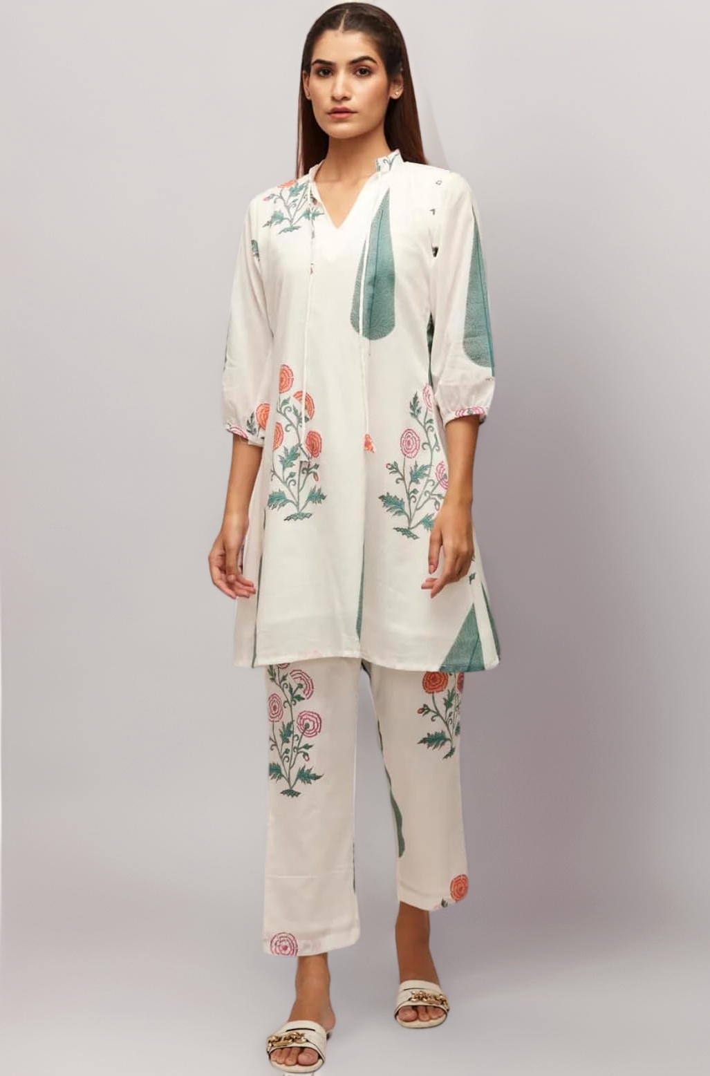 Leriya Fashion Women's Anarkali Floral Printed Rayon Kurta Pant Set | V-Neck Straight Kurti with 3/4 Sleeves | Soft White & Green Ethnic Co-ord for Casual | Co ord Set For Women Stylish | Kurtis