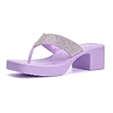Women’s Fashion Ladies Shoes, PVC Jelly Geli w Embellished Glitter Rhinestones Thong Flip Flops Open Toe, Trendy Casual Summer Slide On 2 Inch Low Mid Clear Block Heel Sandals